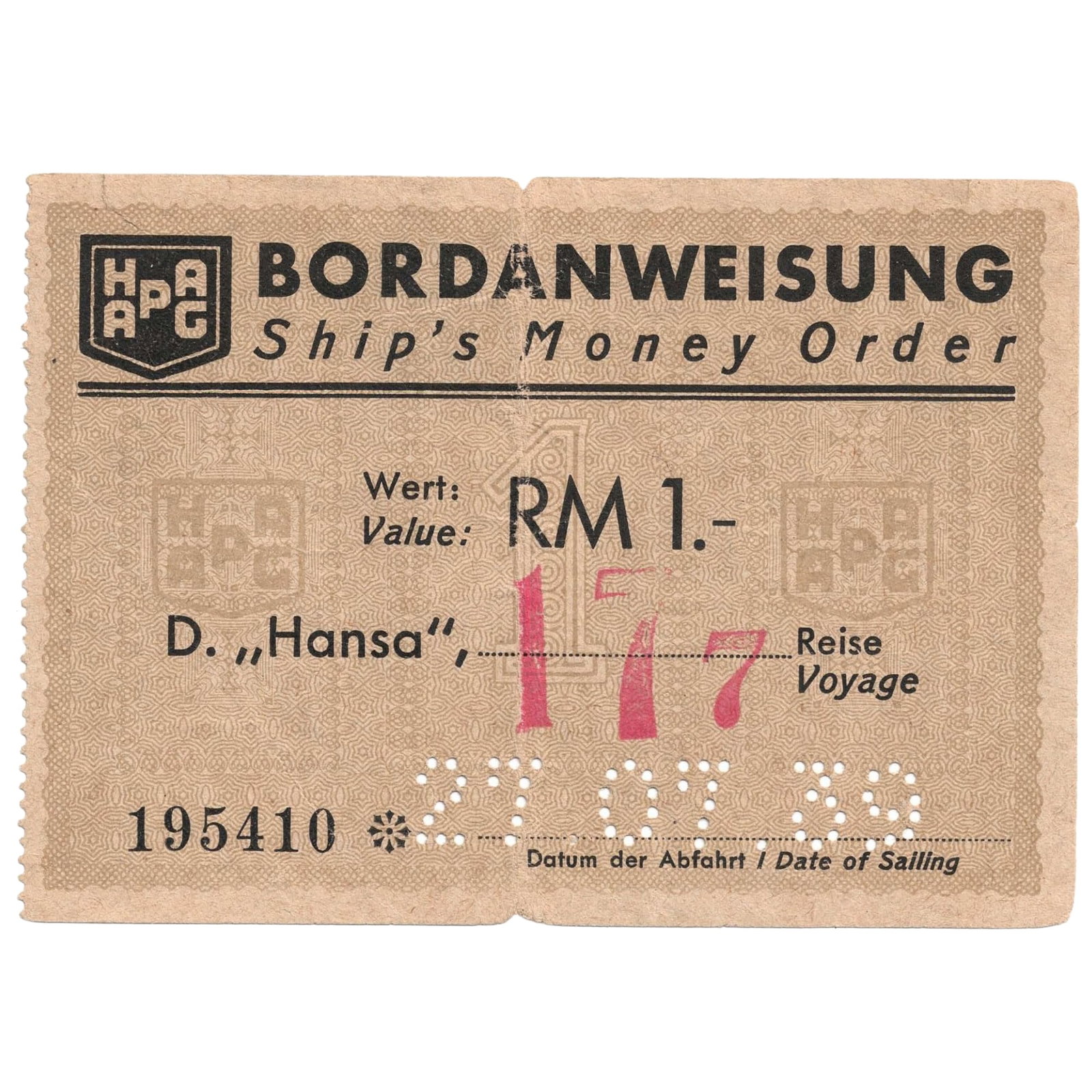 Germany 1939 SS Hansa 'Bordanweisung' Ship's Money Order, Extremely details.: Punch dated 27.07.39. This journey was one of SS Hansa's final civilian North Atlantic crossings prior to the outbreak of World War II. The ship was repurposed later in the war for naval use before