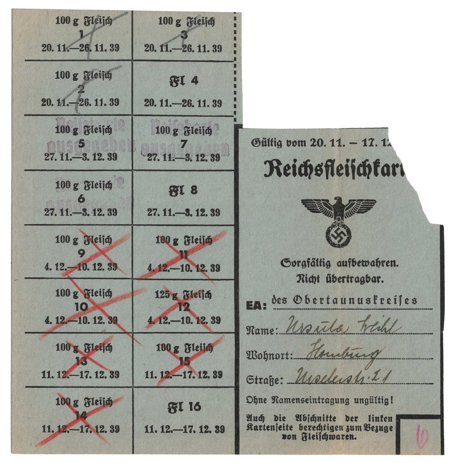 German 'Reich' Meat Ration Card 1939 with sixteen coupons attached for 100 gms, EF detail: . Condition Missing corner Medium Collectibles