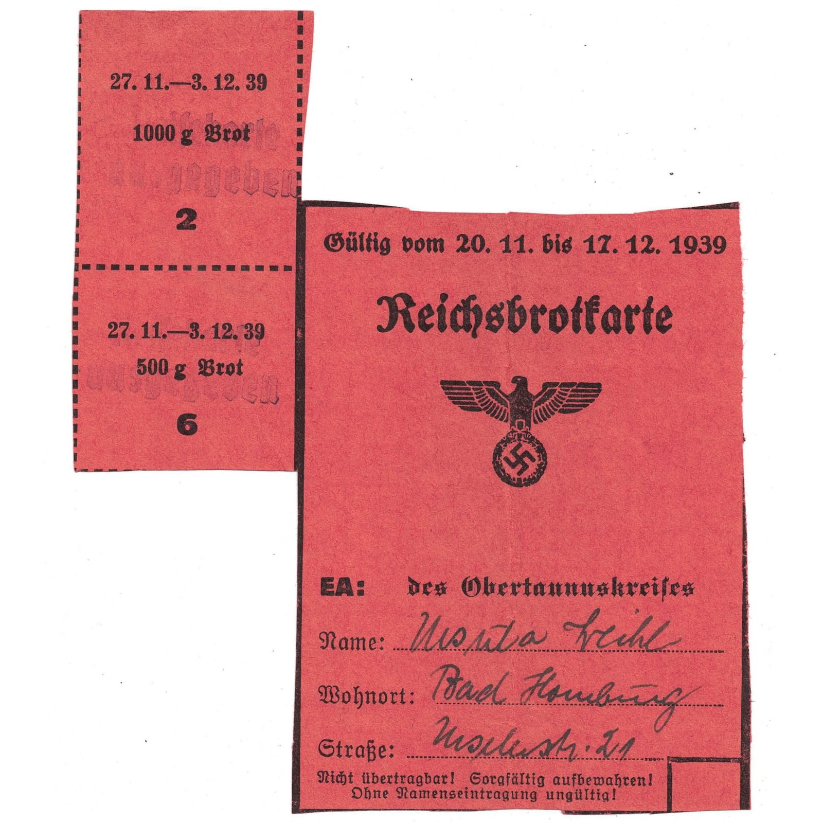 German 'Reich' Bread Ration Card 1939 with coupons attached for 1000 & 500 gms, Extremely Fine (1 of 2)