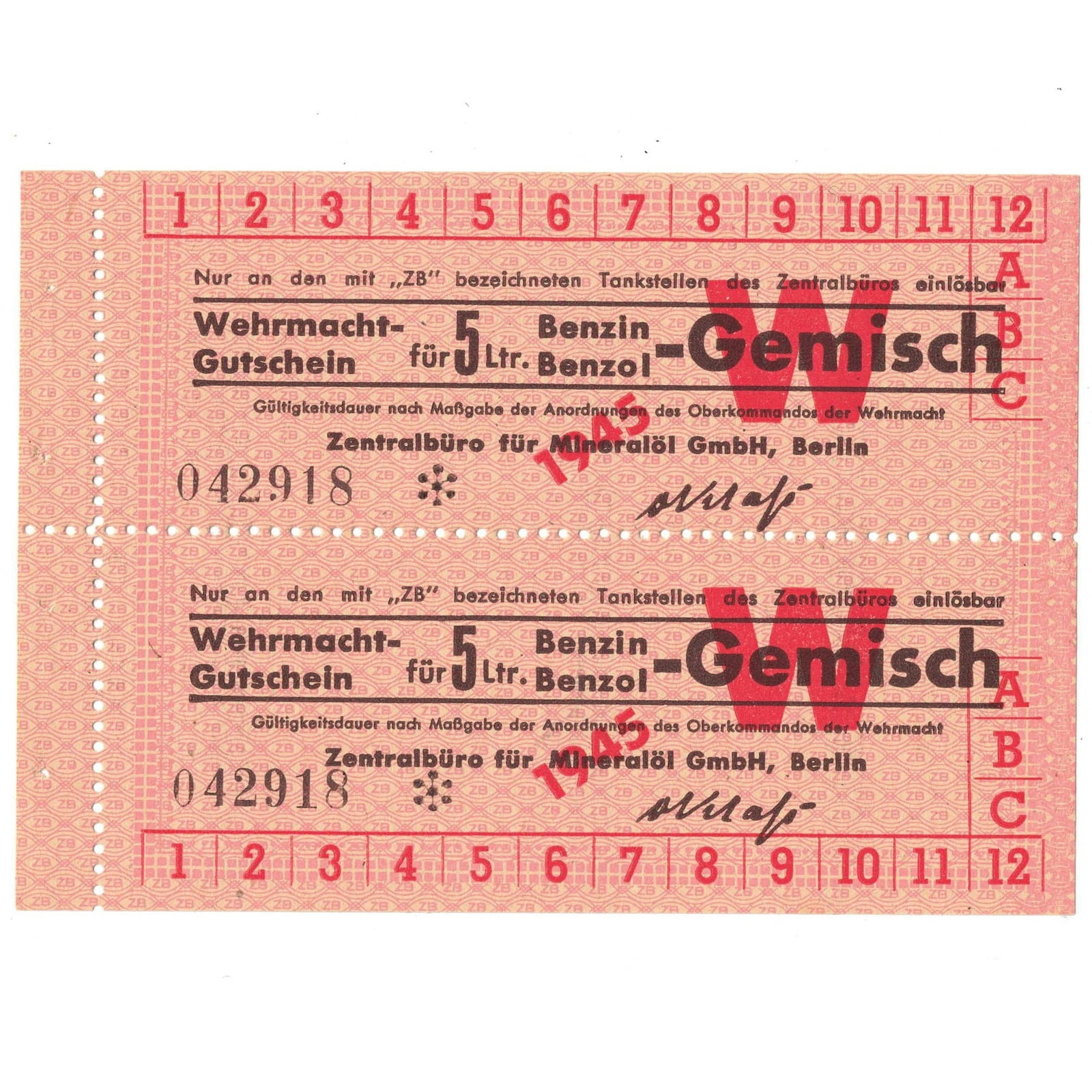 Germany WWII Army Voucher for 5 Litres of Gasoline, Uncirculated: No.042918 Medium Collectibles