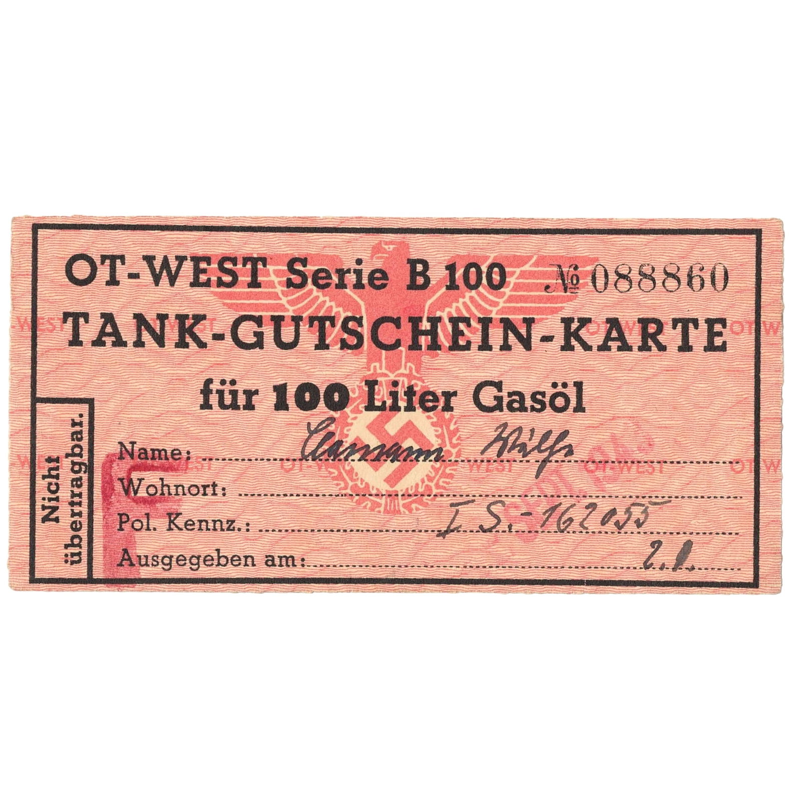 Germany WWII Fuel Voucher for a 100 litres of Diesel, Uncirculated: No.088860 Medium Collectibles