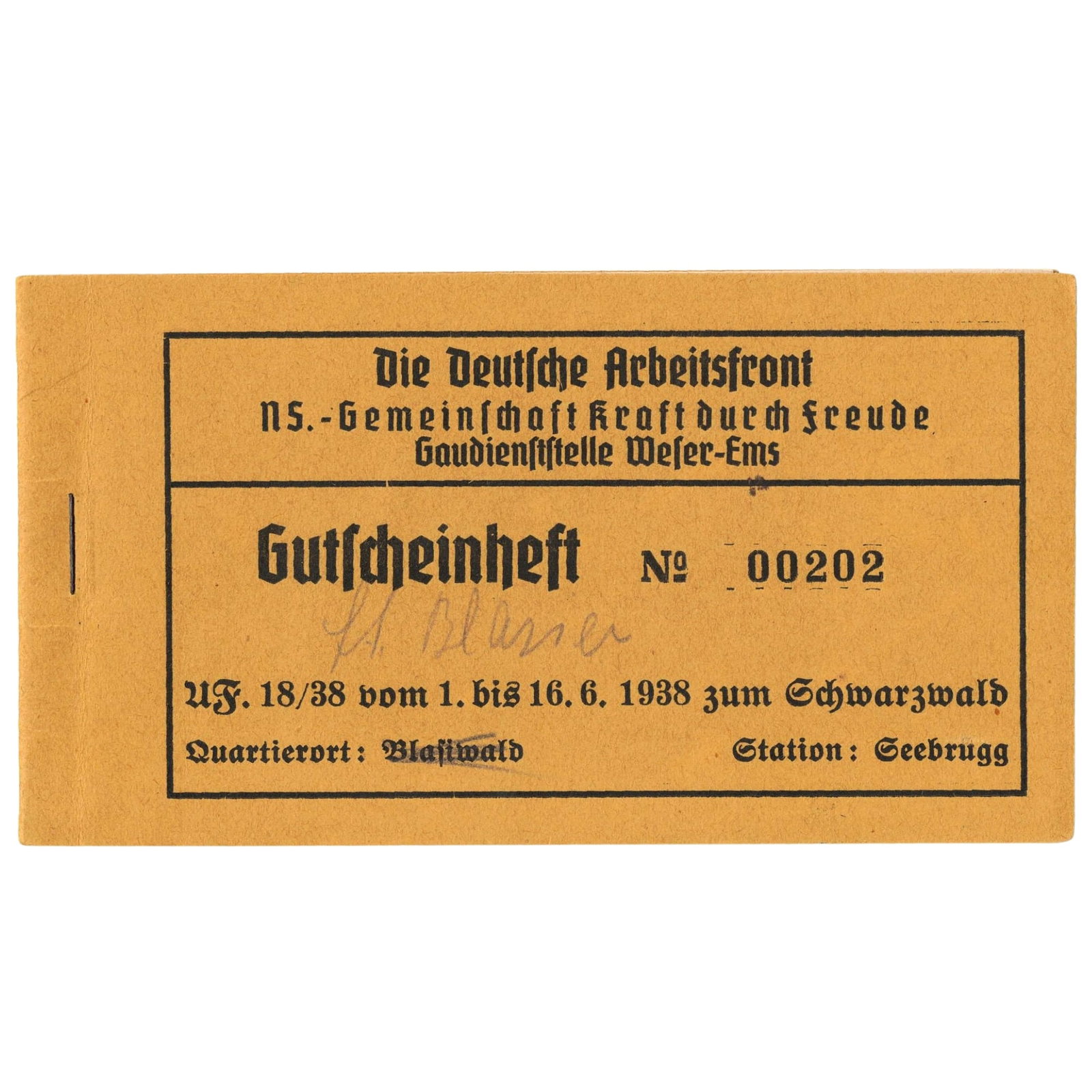 Germany 1938 'Gutscheinheft' Black Forest Travel Voucher Booklet, Uncirculated: The booklet covers a trip to the Black Forest taking place from June 1 to June 16, 1938, conducted by the Kraft Durch Freude Leisure Organisation. This was a state-controlled program in Nazi Germany