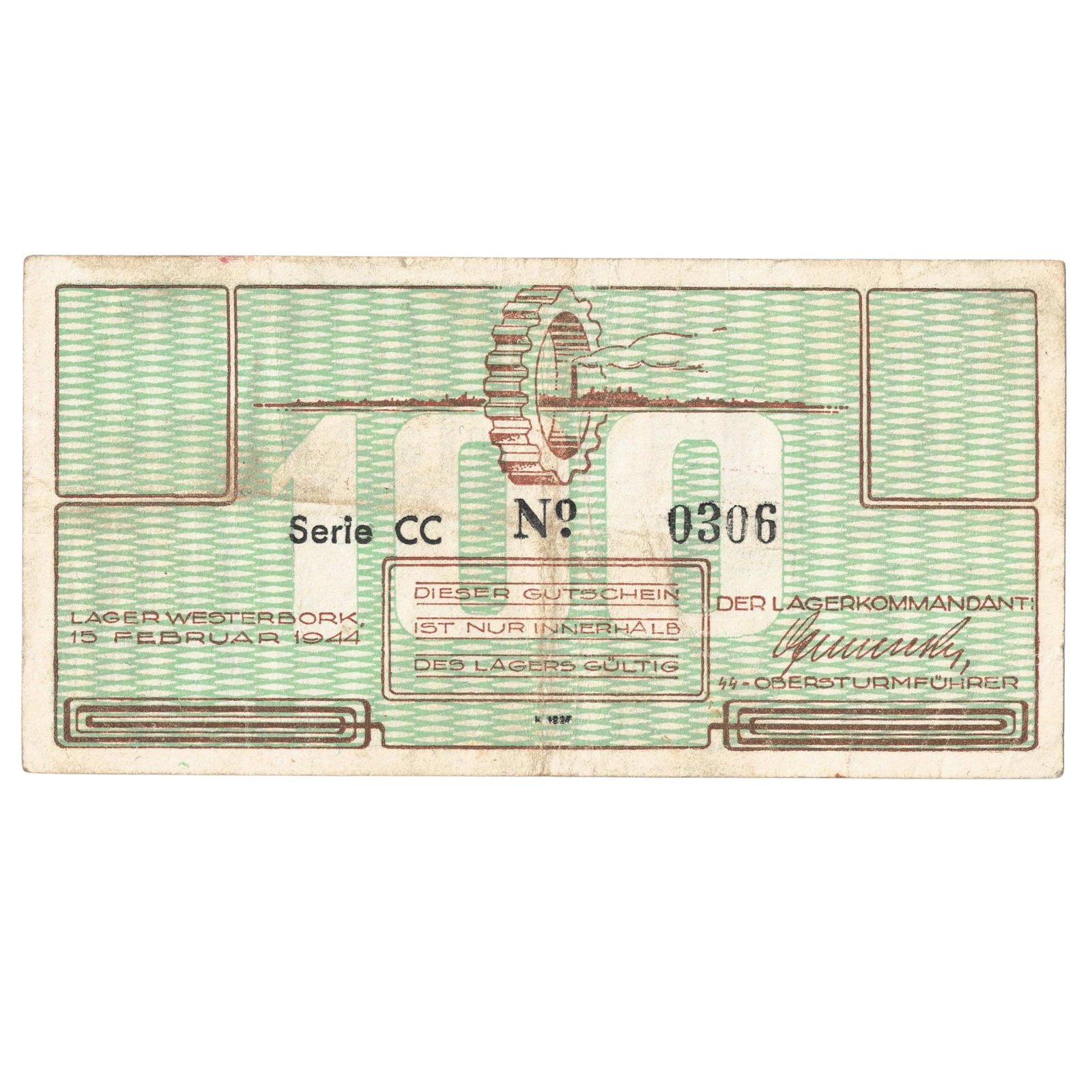 Westerbork Netherlands (German Occupation) Concentration Camp 1944 100 Cent, good Very Fine: Campbell# 4174b : Series CC : Serial# 0306 Medium Collectibles