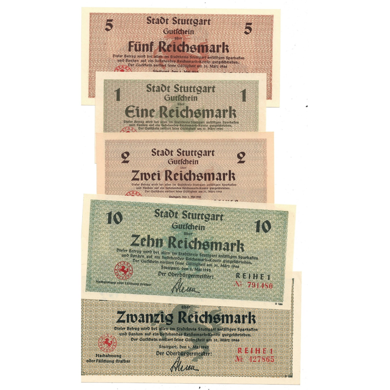 Stuttgart Germany (Allied Occupation) 1945 1, 2, 5,10 & 20 Reichsmark, Uncirculated (5 notes): . Medium Collectibles