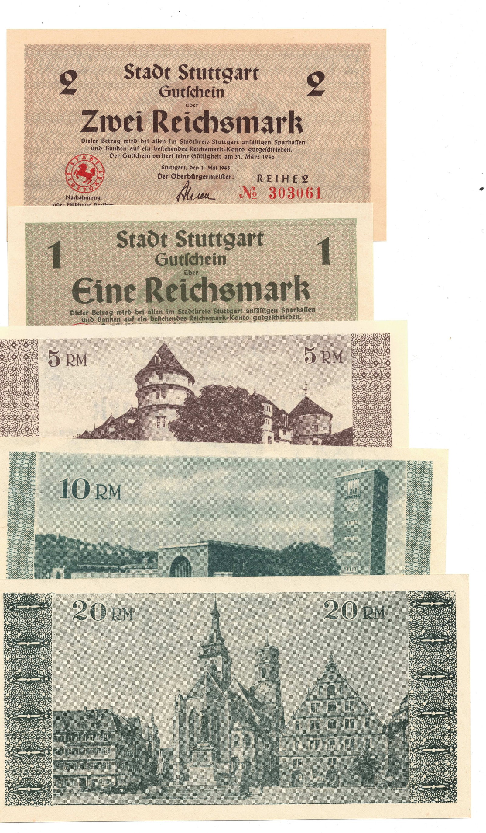 Stuttgart Germany (Allied Occupation) 1945 1, 2, 5,10 & 20 Reichsmark, Uncirculated (5 notes) - 2