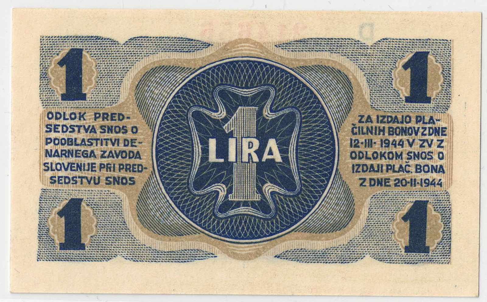 Slovenia (Partisan issue) 1944 Eno (1) Liro - Second issue, Uncirculated - 2