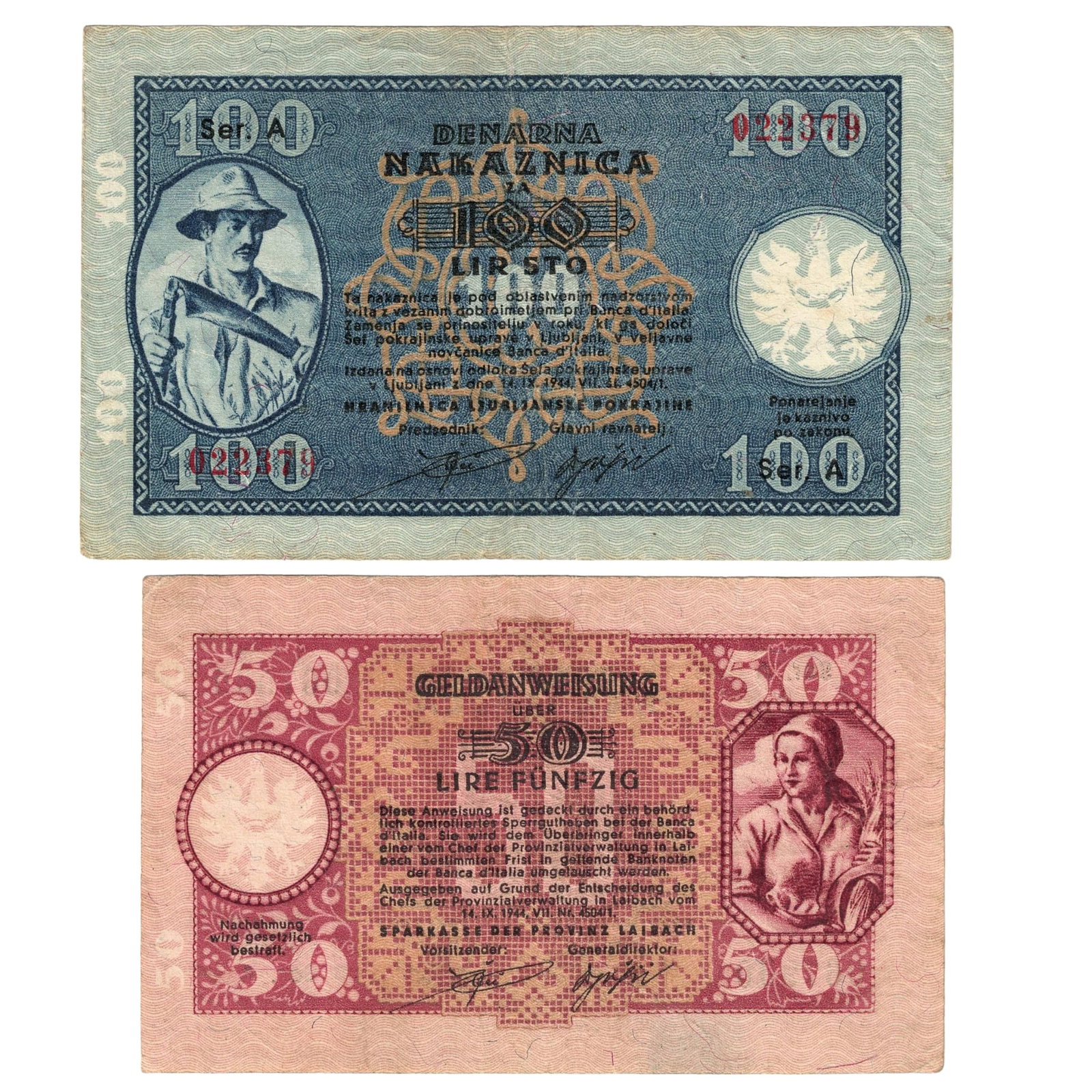 Slovenia (German Occupation) 1944 'Series A' 50 & 100 Lir, Very Fine (2 notes): PickS# R21 & R22 : Serial# 067900 & 022379 Medium Collectibles