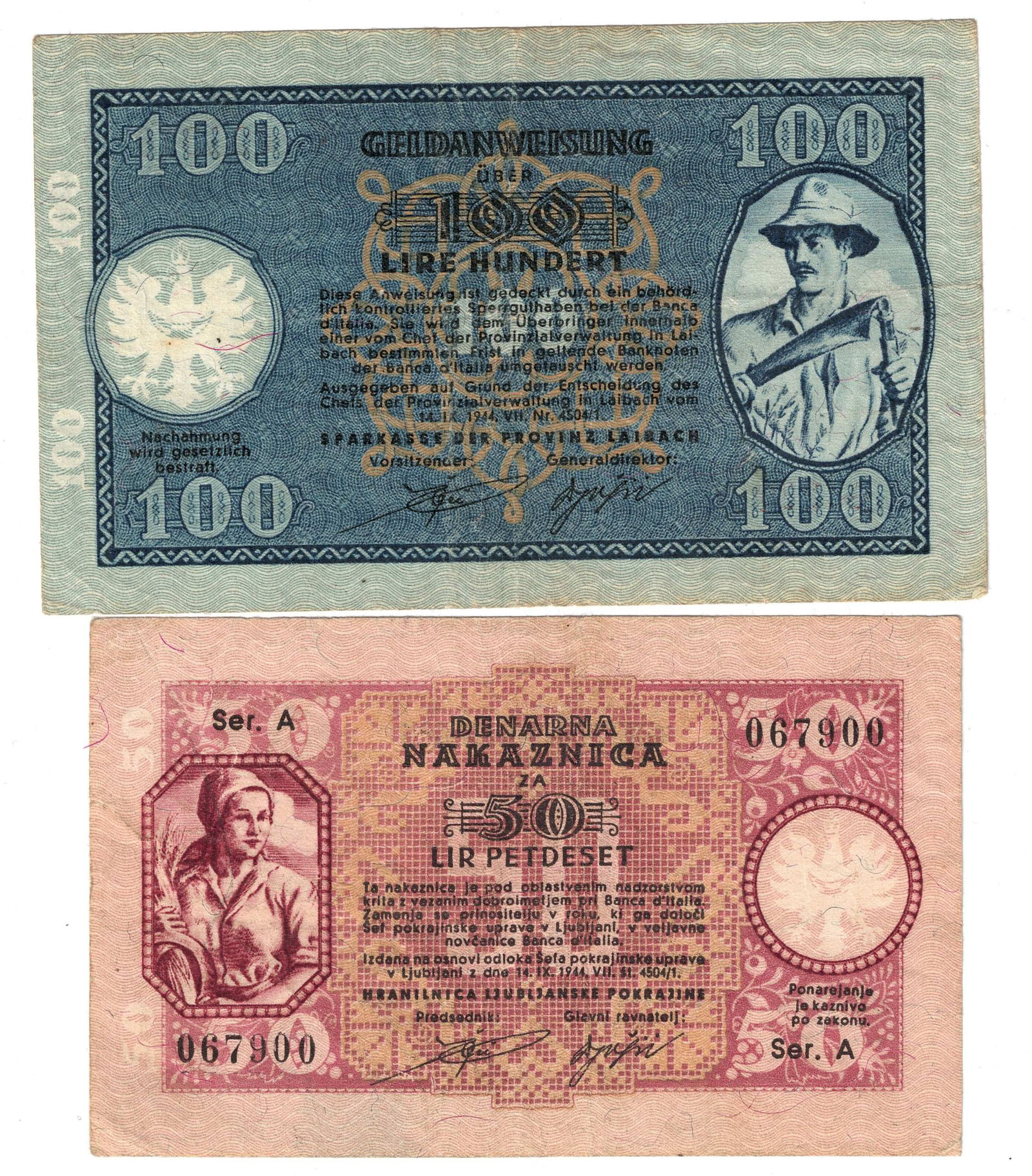 Slovenia (German Occupation) 1944 'Series A' 50 & 100 Lir, Very Fine (2 notes) - 2