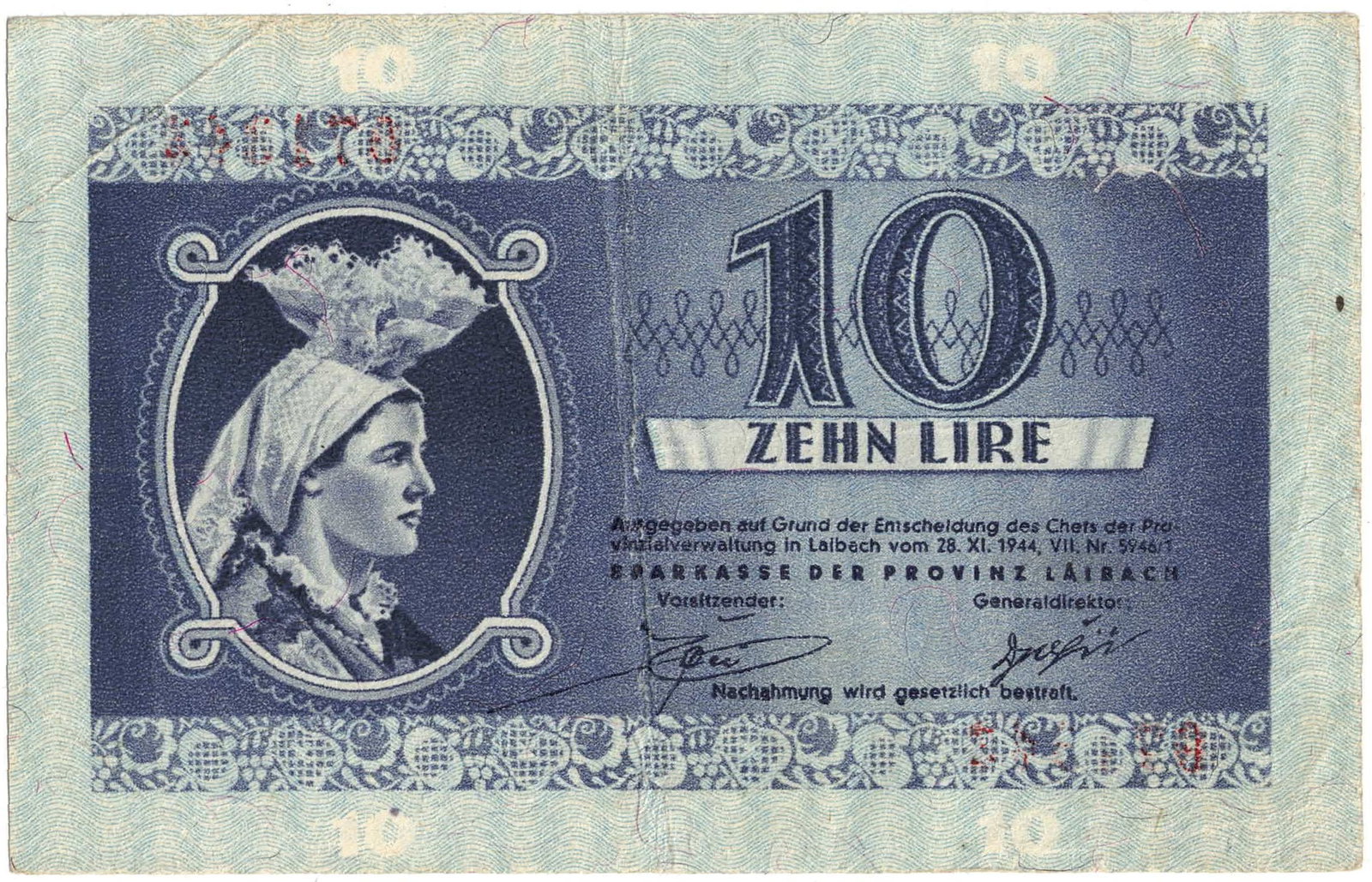 Slovenia (German Occupation) 1944 'Series A' 10 Lir, good Very Fine - 2