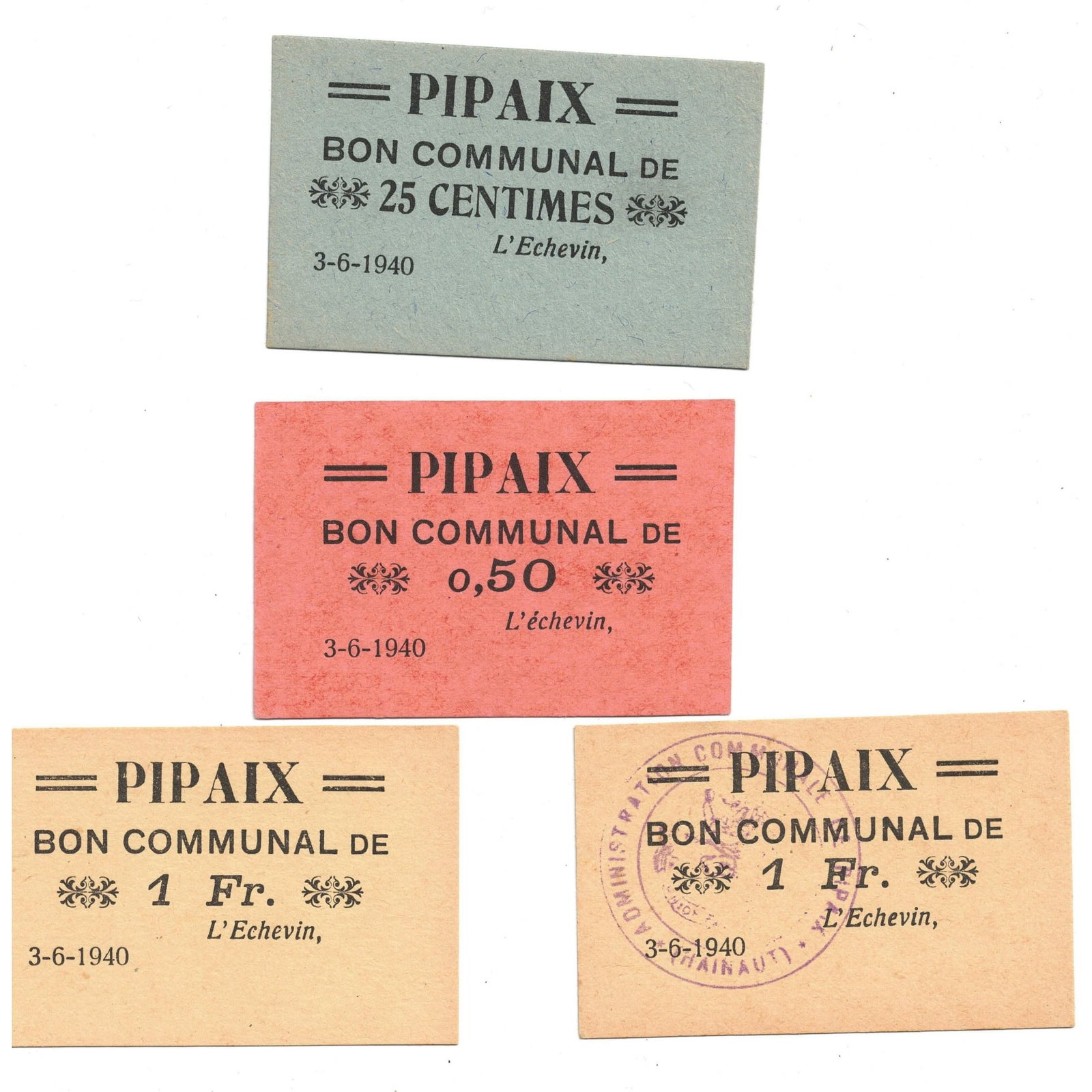 Pipaix Belgium 1940 Emergency 25c, 50c, 1 Fr (2) Uncirculated (4 notes): The second 1 Fr with cancellation stamp Medium Collectibles