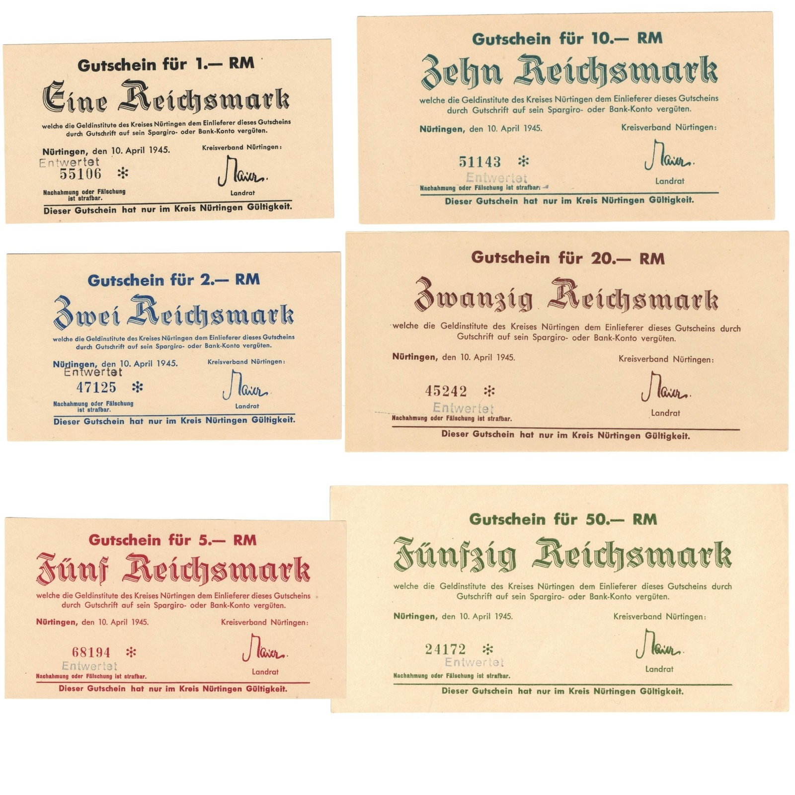 Nürtingen District, Germany 1945 Vouchers for 1, 2, 5, 10, 20 & 50 Reichsmarks, Uncirculated (6: . Medium Collectibles