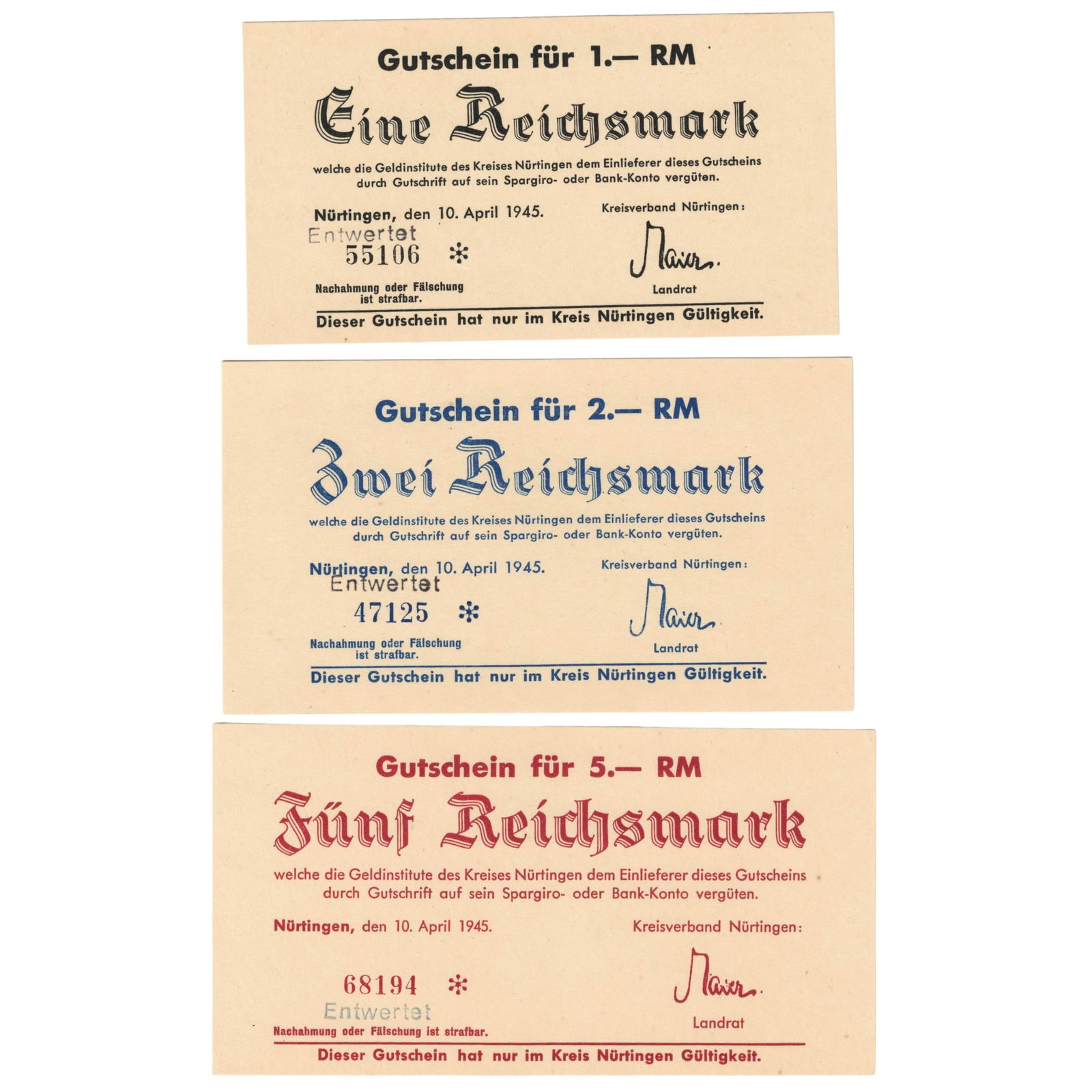 Nürtingen District, Germany 1945 Vouchers for 1, 2, 5, 10, 20 & 50 Reichsmarks, Uncirculated (6 - 2