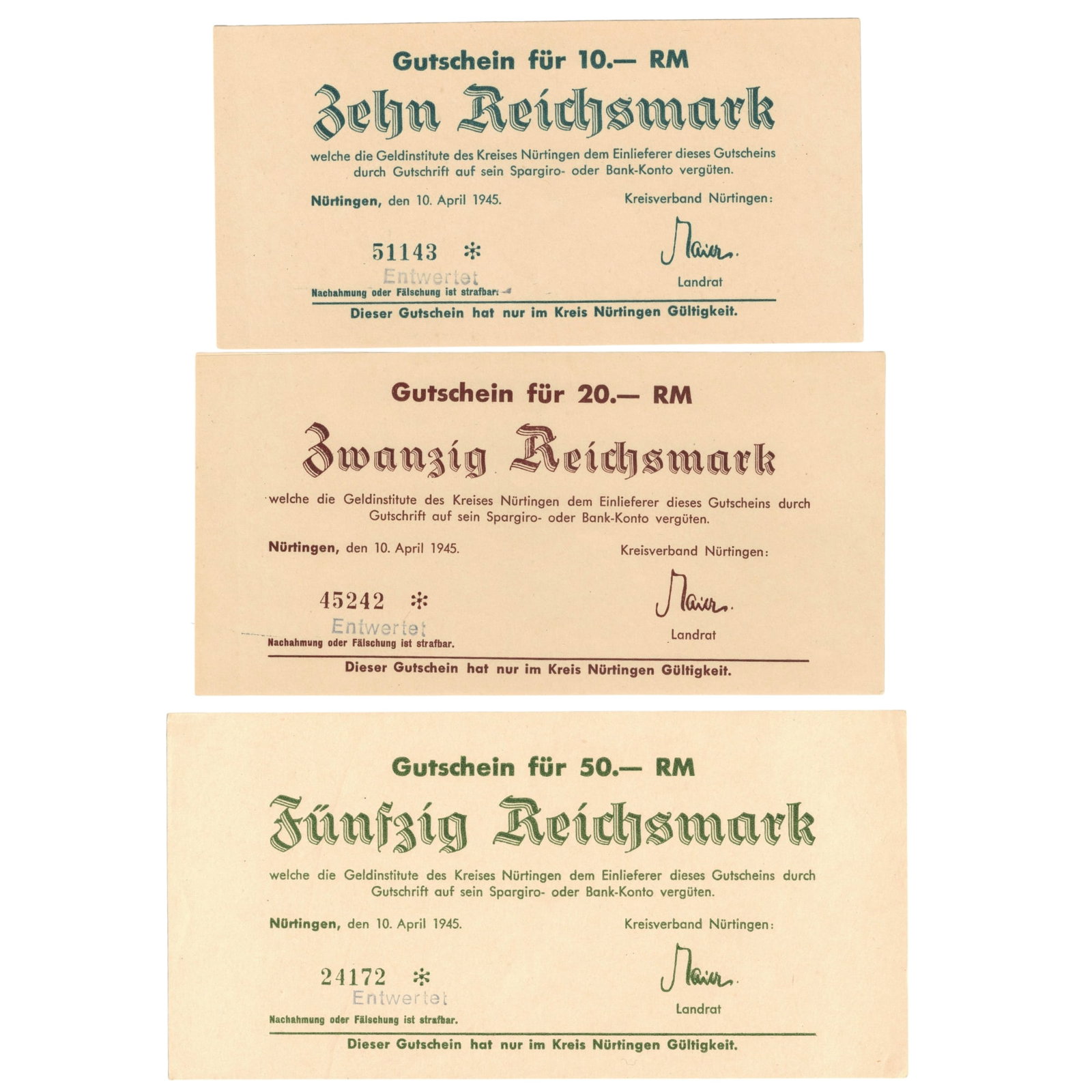 Nürtingen District, Germany 1945 Vouchers for 1, 2, 5, 10, 20 & 50 Reichsmarks, Uncirculated (6 - 3