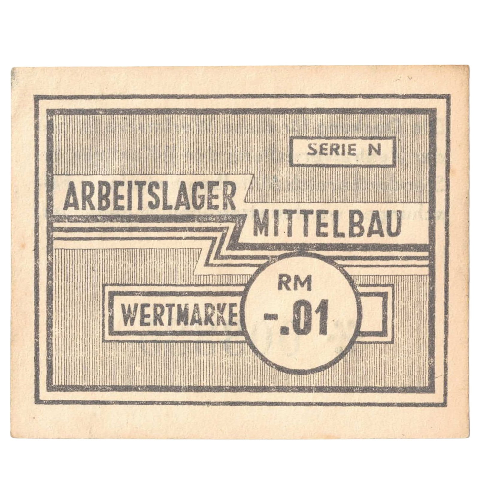 Mittelbau - Dora Slave Labour Concentration Camp 0.01 Reichsmark ND (1943-45), Uncirculated: Serial# * 003335. The Mittelbau - Dora Concentration Camp near Nordhausen operated from August 1943. Thousands of prisoners were forced to perform slave labour in underground tunnels to build the so-c