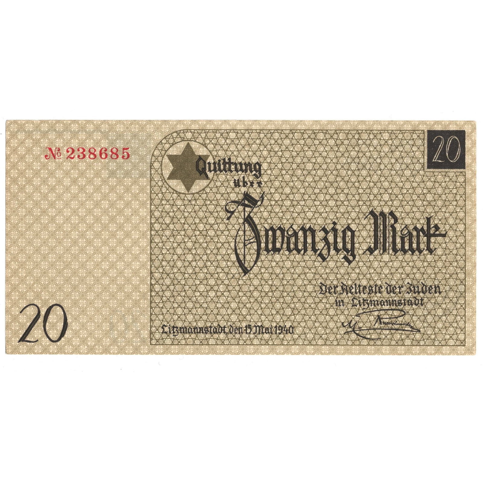 Lodz Ghetto Poland (German Occupation) Zwanzig (20) Mark ND (1940), Uncirculated: Campbell# 4206a1 : Serial# 238685 Medium Collectibles