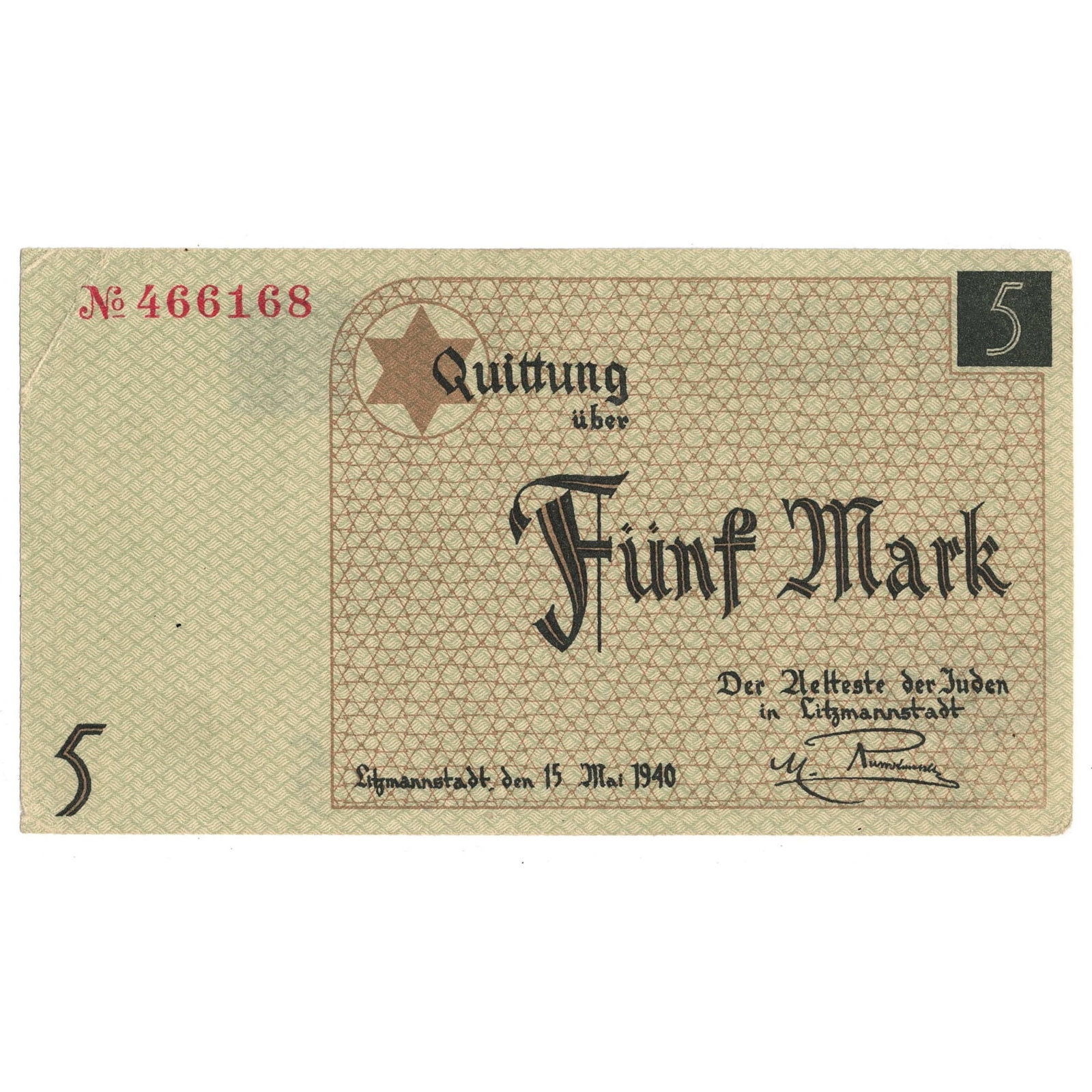 Lodz Ghetto Poland (German Occupation) Funf (5) Mark ND (1940), good Extremely Fine details OPQ: Campbell# 4204a1 : Serial No. 466168 : Signed M.C. Rumkowski Condition Rounded corners Medium Collectibles