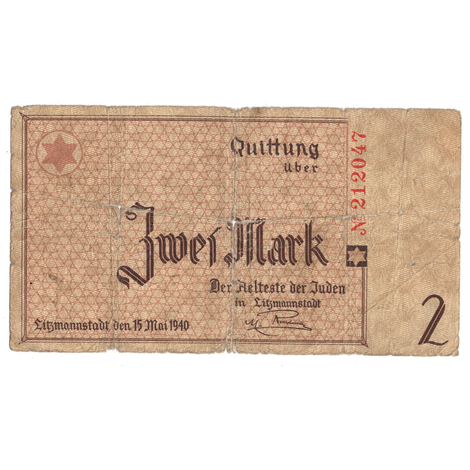 Lodz Ghetto Poland (German Occupation) Zwei (2) Mark ND (1940) note, Fine details - Scarce: Campbell# 4203 : Serial# 212047 : Signed M.C. Rumkowski Condition Paper is split along folds Medium Collectibles