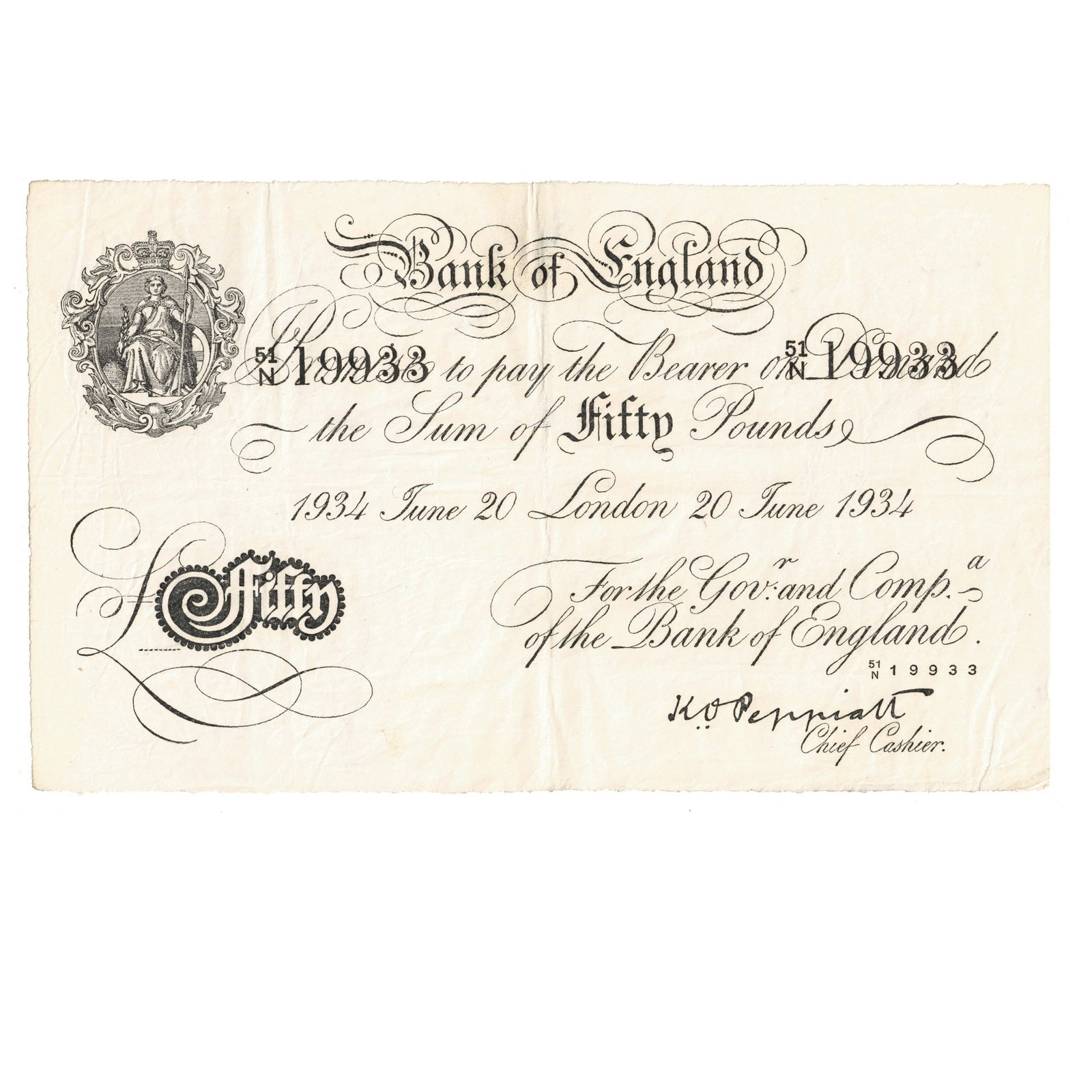 Great Britain Peppiatt London 'Operation Bernhard' £50, about Extremely Fine details: Campbell# 4068b : Serial# 51/N 19933 London 20 June 1934 Condition Multiple pin holes Medium Collectibles