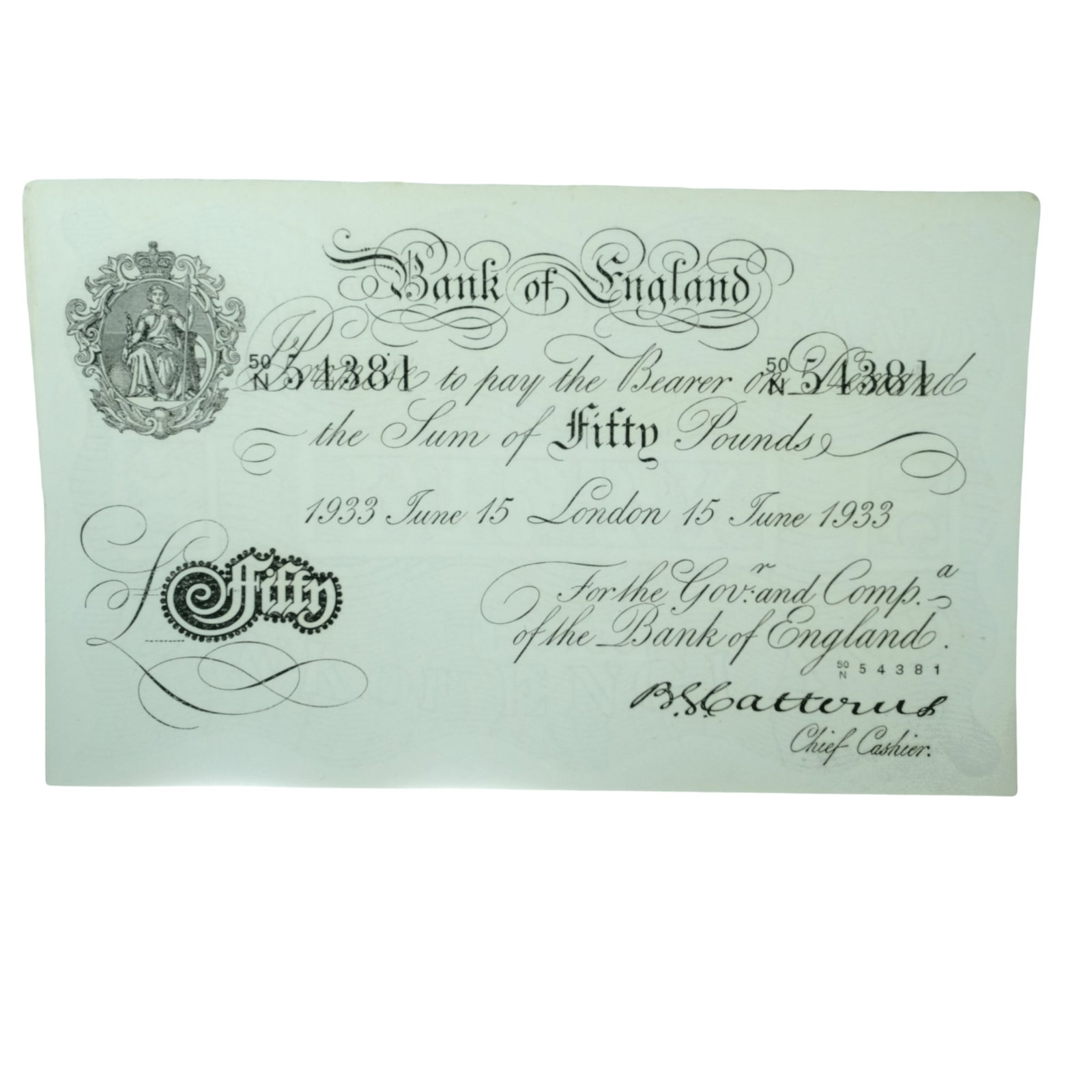 Great Britain Catterns London 'Operation Bernhard' £50, about Uncirculated: Campbell# 4068a : Serial# 50/N 54381 London 15 June 1933 Medium Collectibles