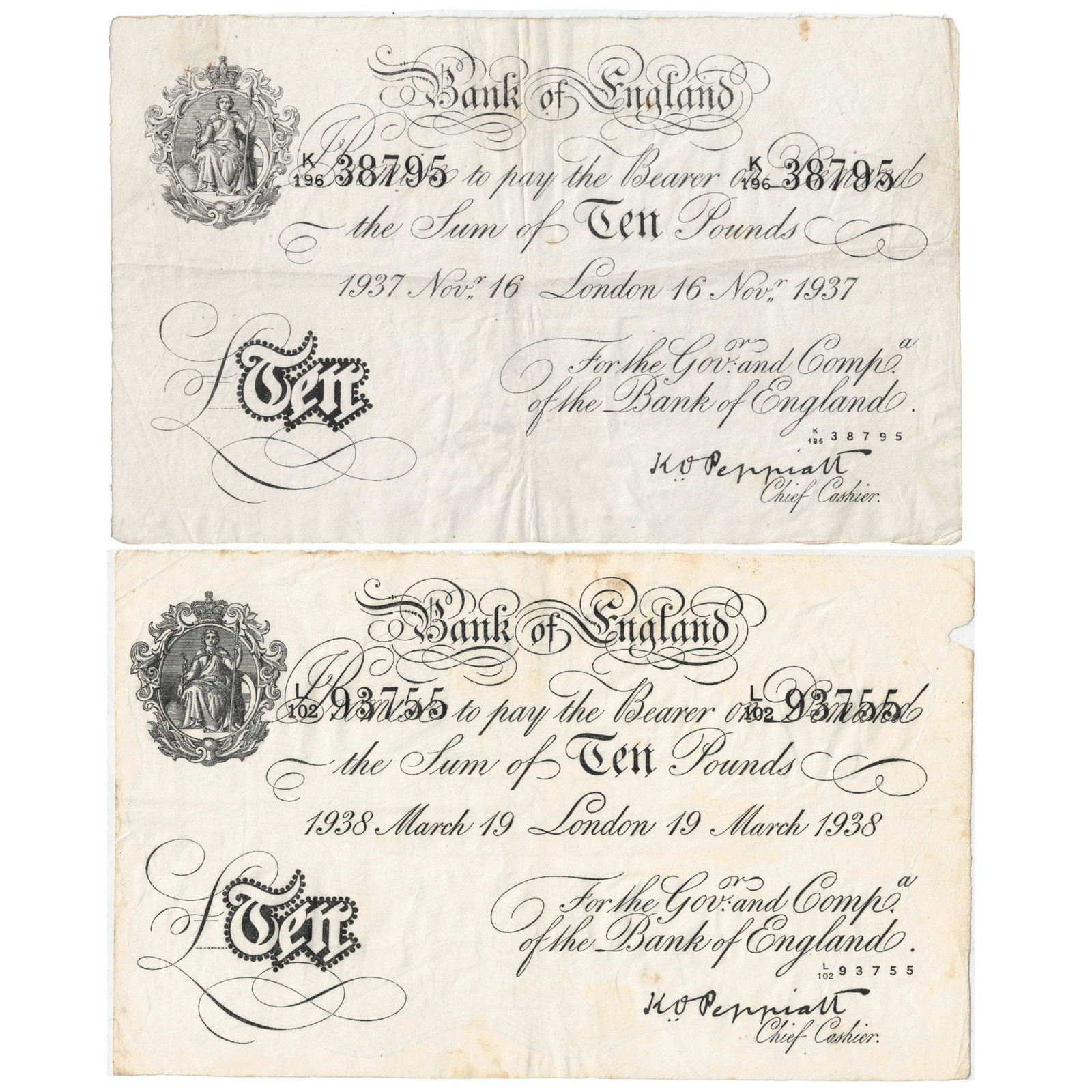 Great Britain Peppiatt London £10 with 'Bernhard' £10 Forgery, about Uncirc details & EF d: Pick# 336a & Campbell# 4066b : Serial# L/102 93755 London 19 March 1938 & K/196 38795 London 16 Nov 1937 Condition The Genuine Note has a small paper loss on the right margin. The 'Bernhardt' Forgery 