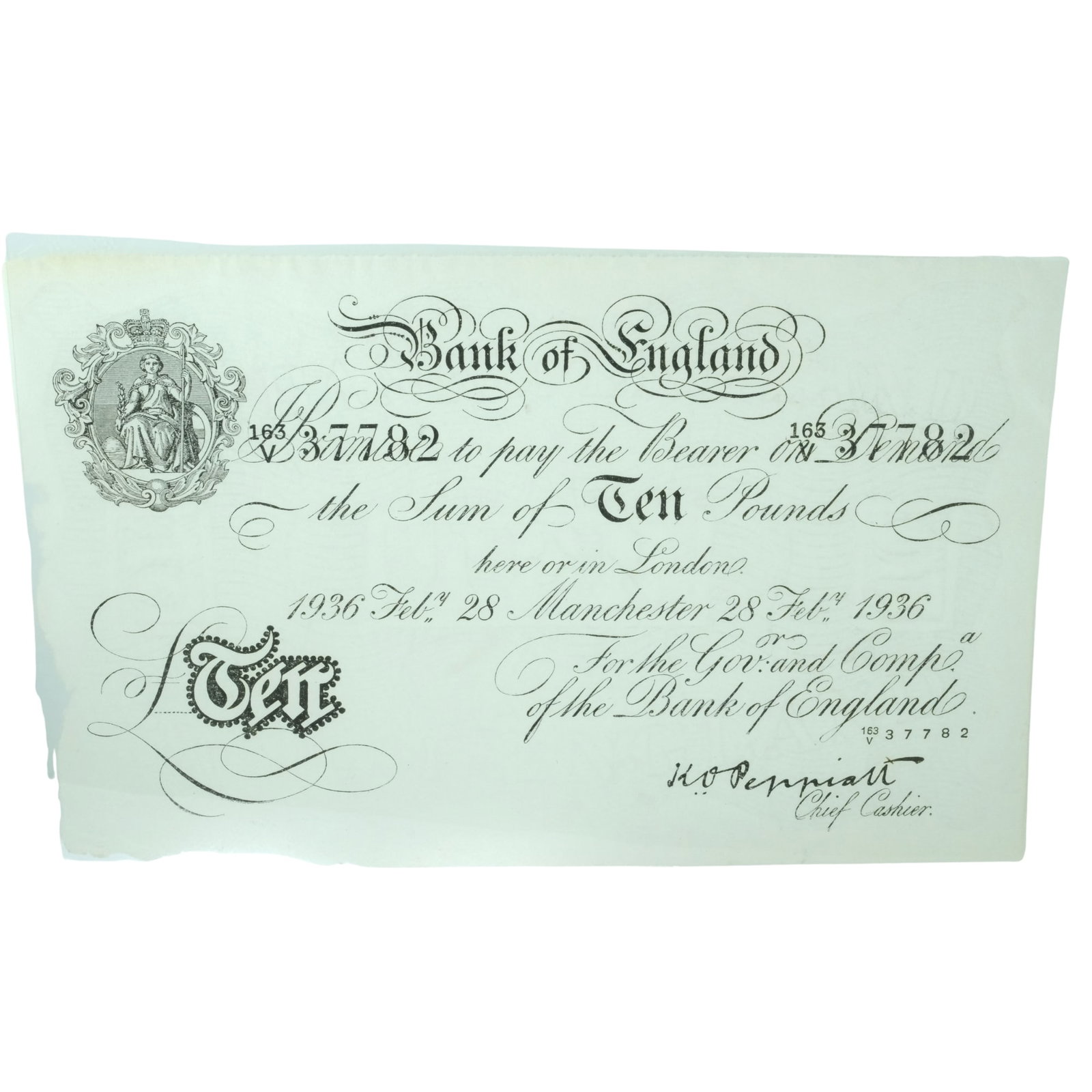 Great Britain Peppiatt Manchester 'Operation Bernhard' £10 Forgery, about Uncirculated - Scarce: Campbell# 4066b Serial# 163/VC 37782 Manchester 28 Feby 1936 Medium Collectibles