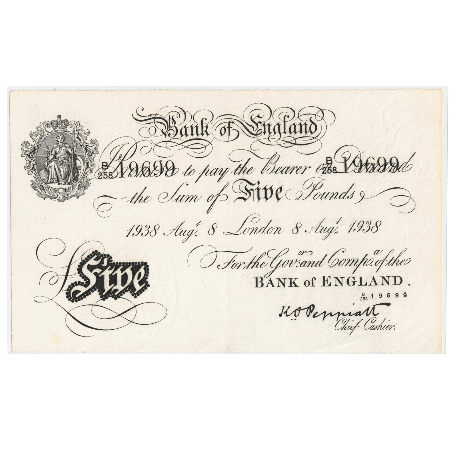 Great Britain Peppiatt London 'Operation Bernhard' £5 Forgery, about Extremely Fine details (1 of 2)