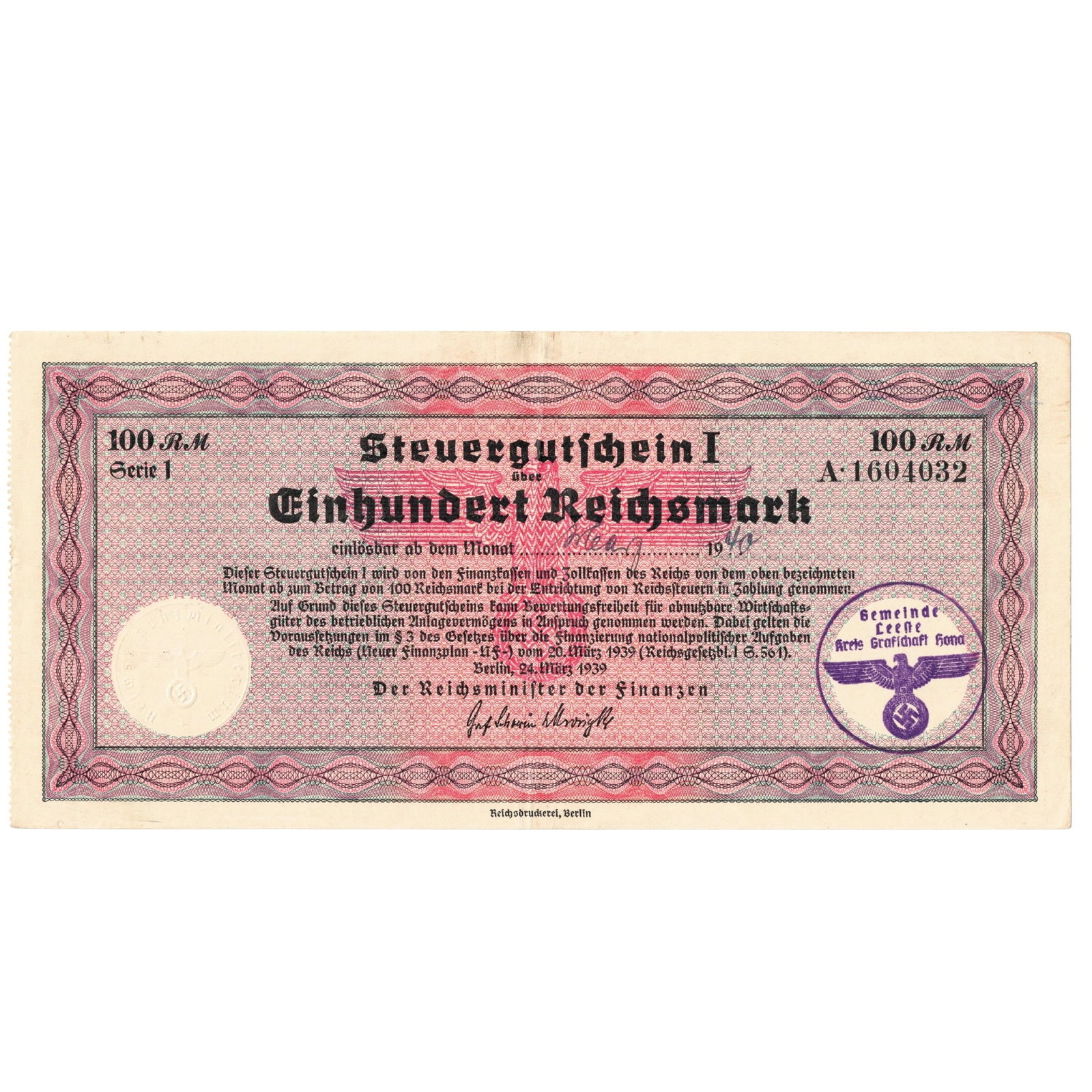 Germany Steuer Gutschein 100 Reichsmark Tax Remission Certificate, ??? 1940, good Extremely Fine: 'Arles' (France) Office Stamp across the watermark on the right-hand side. FK Nr 1266 on back. Steuer Gutschein 1 were non-interest bearing Tax Certificates (promissory notes) issued by the
