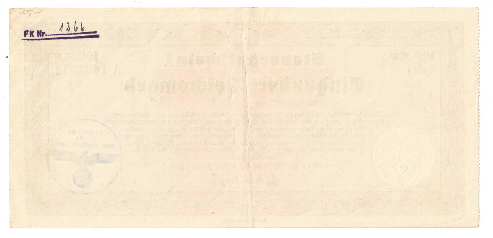 Germany Steuer Gutschein 100 Reichsmark Tax Remission Certificate, ??? 1940, good Extremely Fine - 2