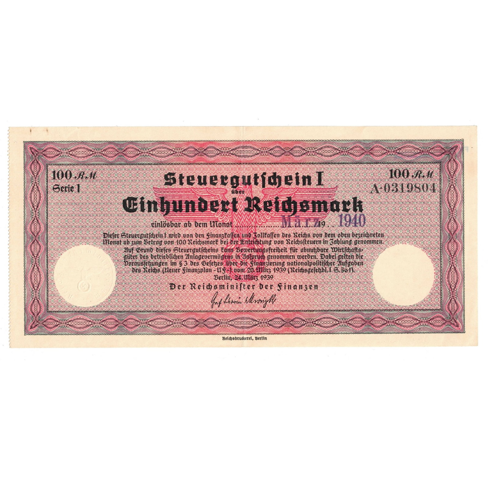 Germany Steuer Gutschein 100 Reichsmark Tax Remission Certificate, Mar 1940, good Extremely Fine: FK Nr. 1263 on back. Steuer Gutschein 1 were non-interest bearing Tax Certificates (promissory notes) issued by the government from 1939 to fund the upcoming war. They could be used at face value for