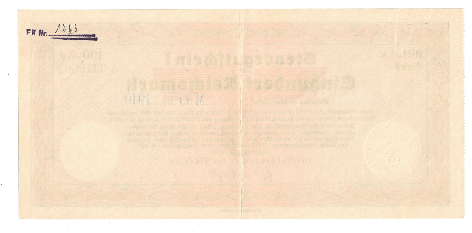 Germany Steuer Gutschein 100 Reichsmark Tax Remission Certificate, Mar 1940, good Extremely Fine - 2