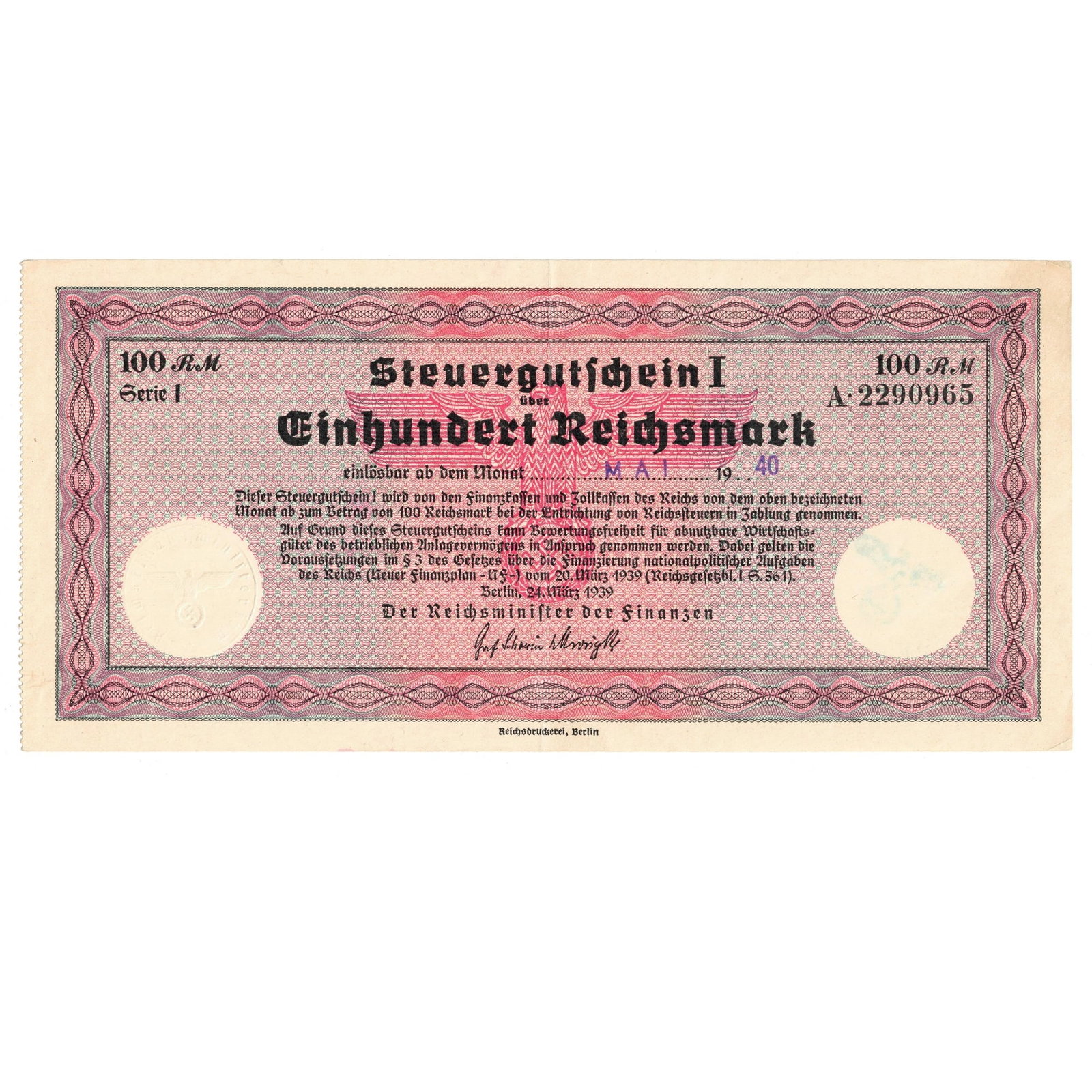Germany Steuer Gutschein 100 Reichsmark Tax Remission Certificate, Mai 1940, good Extremely Fine: Steuer Gutschein 1 were non-interest bearing Tax Certificates (promissory notes) issued by the government from 1939 to fund the upcoming war. They could be used at face value for the payment of all