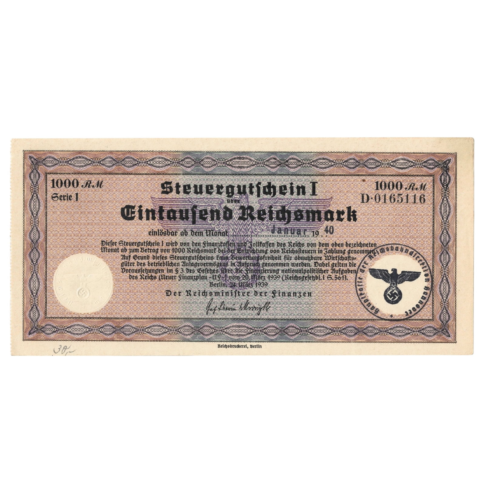 Germany Steuer Gutschein 1000 Reichsmark Tax Remission Certificate, Januar(y) 1940, Uncirculated: 'Hanover' Office Stamp across the watermark on the right-hand side. Steuer Gutschein I were non-interest bearing Tax Certificates (promissory notes) issued by the government from 1939 to fund the upco