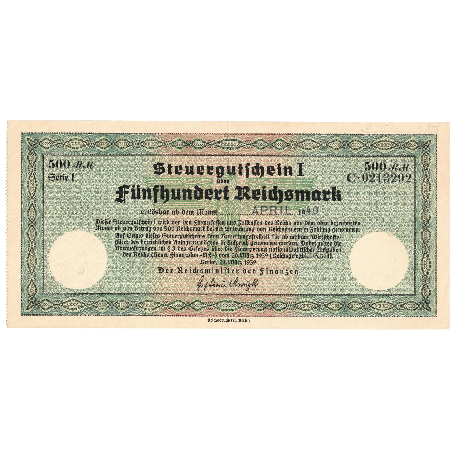 Germany Steuer Gutschein 500 Reichsmark Tax Remission Certificate, April 1940, good Extremely Fine: Steuer Gutschein I were non-interest bearing Tax Certificates (promissory notes) issued by the government from 1939 to fund the upcoming war. They could be used at face value for the payment of all