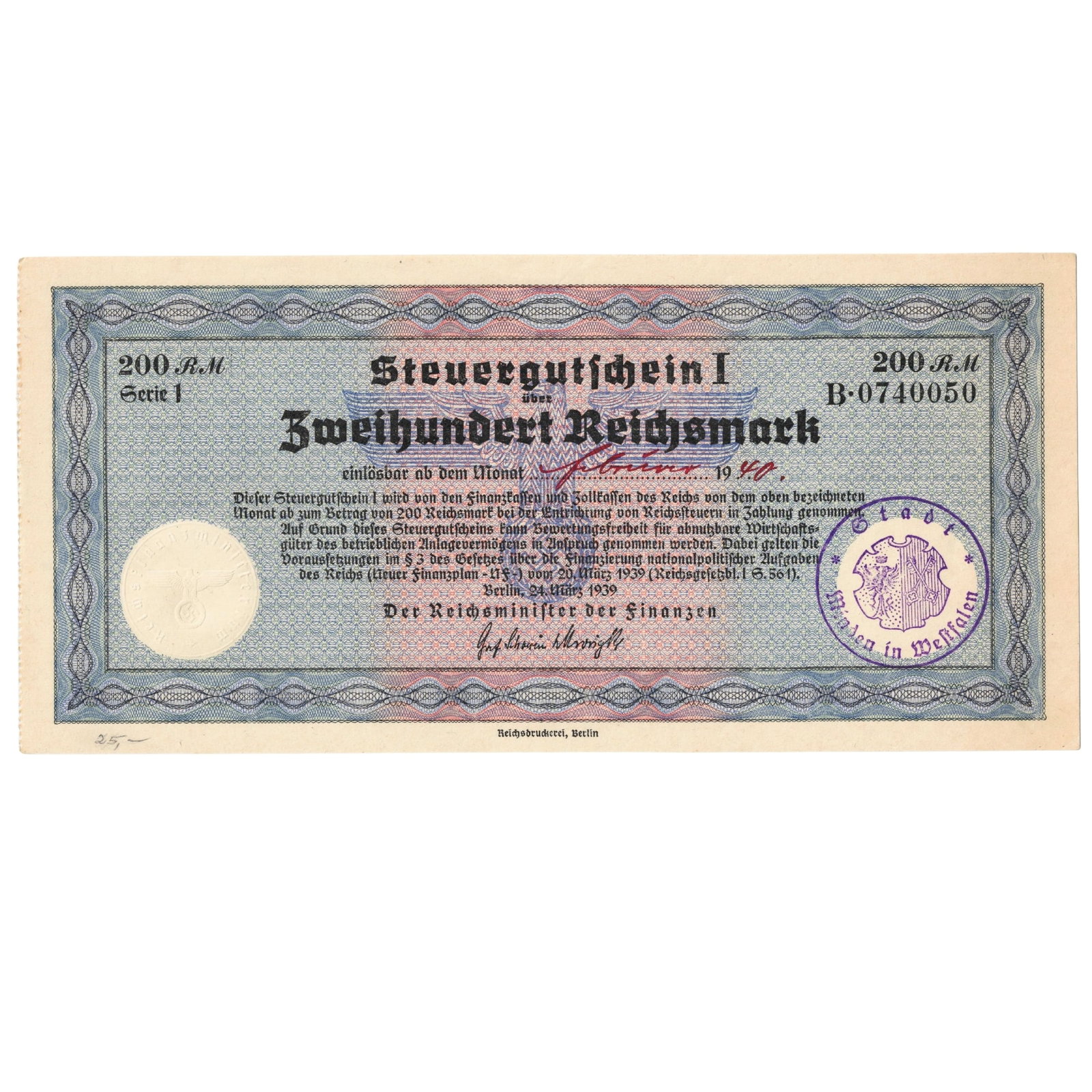 Germany Steuer Gutschein 200 Reichsmark Tax Remission Certificate, ??? 1940, Uncirculated: Steuer Gutschein 1 were non-interest bearing Tax Certificates (promissory notes) issued by the government from 1939 to fund the upcoming war. They could be used at face value for the payment of all