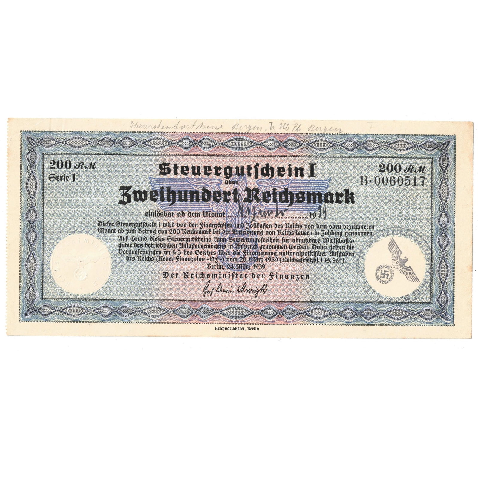 Germany Steuer Gutschein 200 Reichsmark Tax Remission Certificate, ??? ember 1939, good EF: 'Bergen' (Norway) Office Stamp across the watermark on the right-hand side. Steuer Gutschein I were non-interest bearing Tax Certificates (promissory notes) issued by the government from 1939 to fund