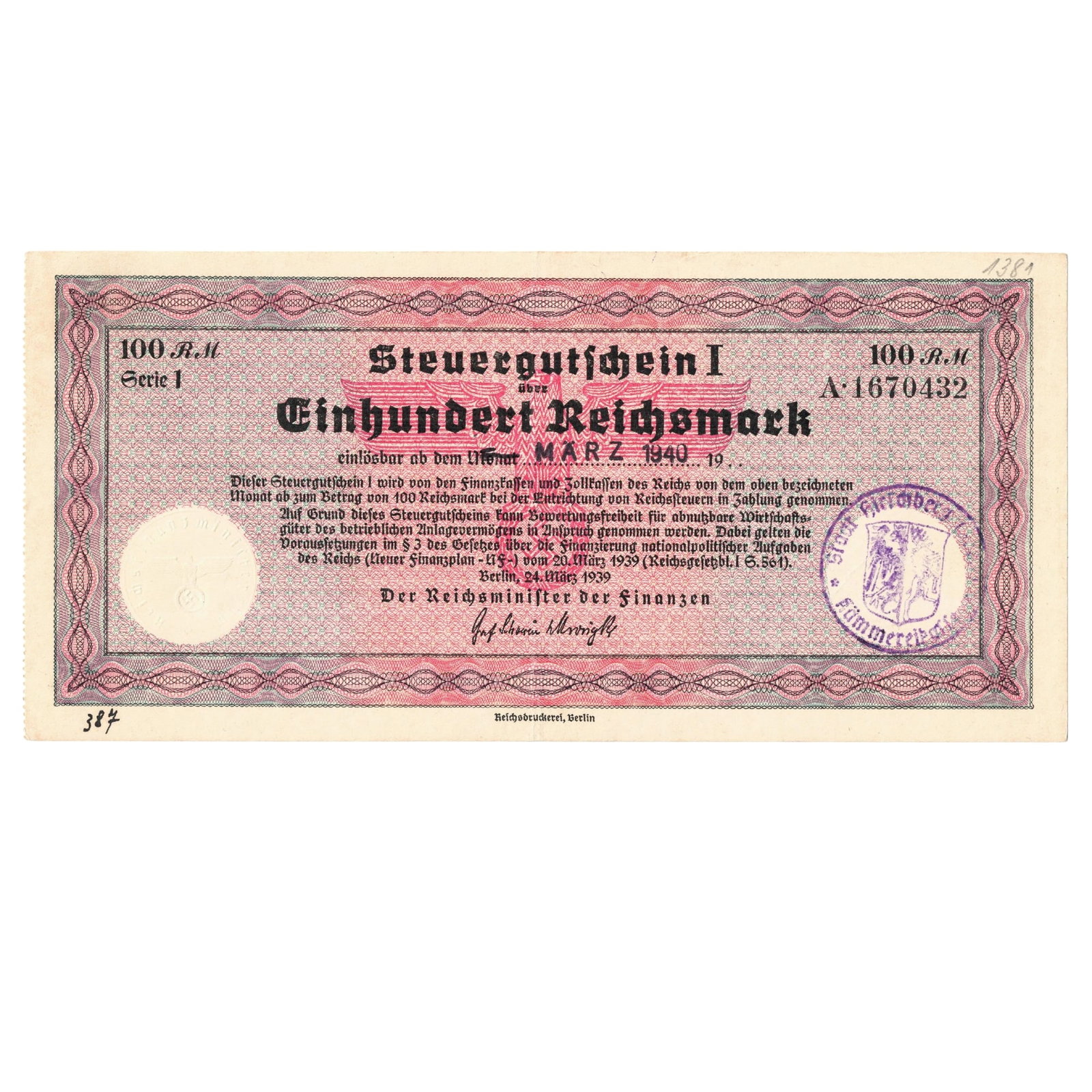 Germany Steuer Gutschein 100 Reichsmark Tax Remission Certificate, March 1940, good Extremely Fine: Steuer Gutschein 1 were non-interest bearing Tax Certificates (promissory notes) issued by the government from 1939 to fund the upcoming war. They could be used at face value for the payment of all