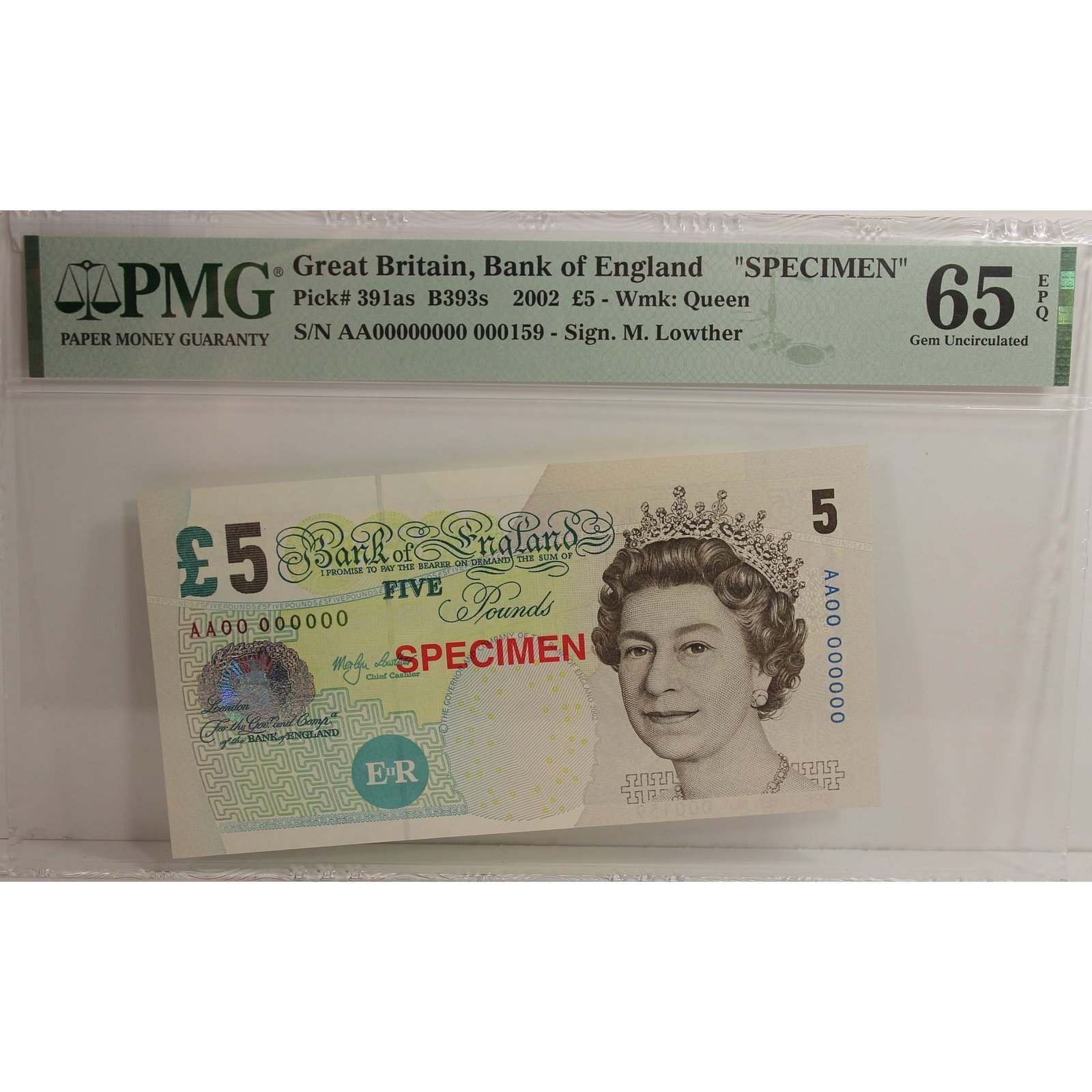 Great Britain 2002 'Lowther' £5 'Specimen,' PMG 65 EPQ: Pick# 391as : Serial# AA00 000000 : Specimen # 000159 Condition E(xceptional) P(aper) Q(uality) Medium Collectibles