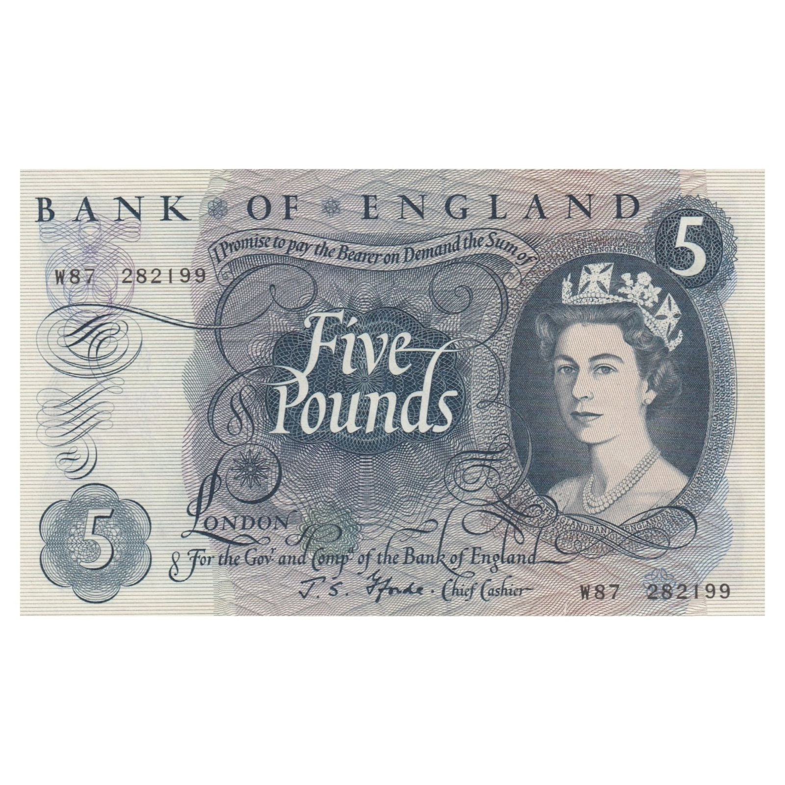 Great Britain 'Fforde' £5 (1966-70), about Uncirculated OPQ: Pick# 375b : Serial# W87 282199 Condition (O)riginal) P(aper) Q(uality) Minor handling Medium Collectibles