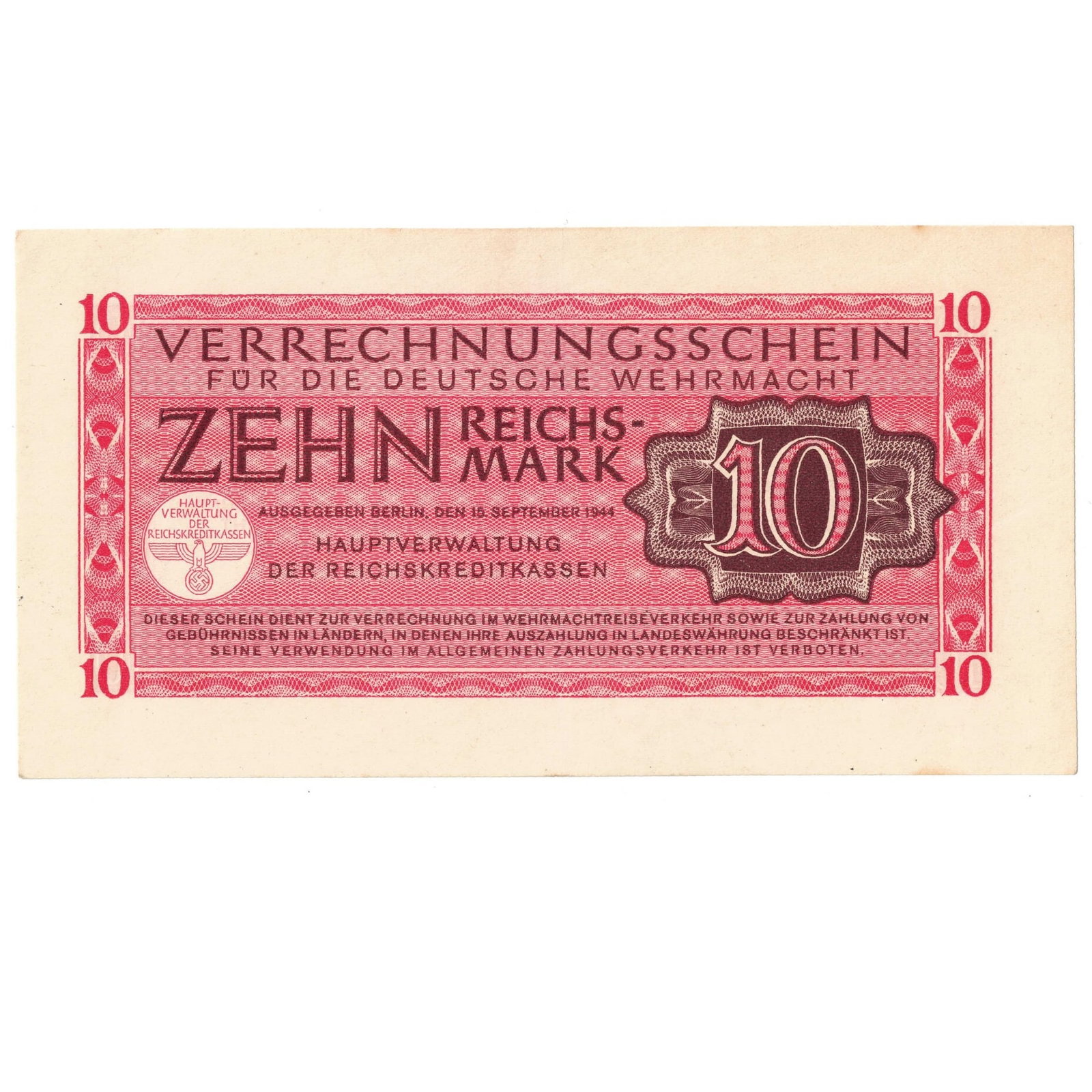 German Wehrmacht 1944 Zehn (10) Reichsmark, Uncirculated: Currency used by the German Army (Wehrmacht) in occupied territories Medium Collectibles