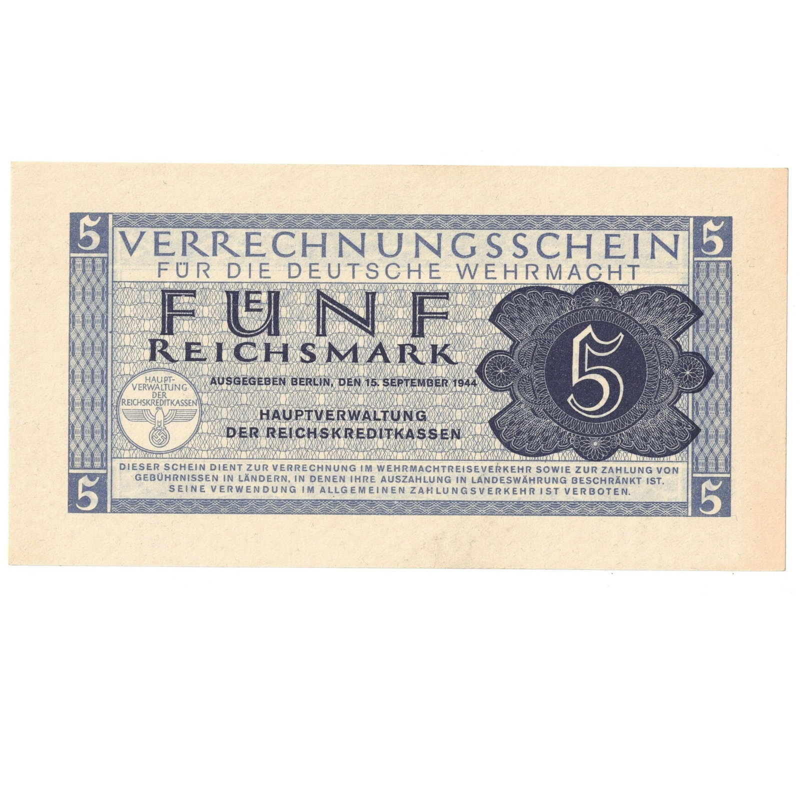 German Wehrmacht 1944 Funf (5) Reichsmark, Uncirculated: Currency used by the German Army (Wehrmacht) in occupied territories Medium Collectibles