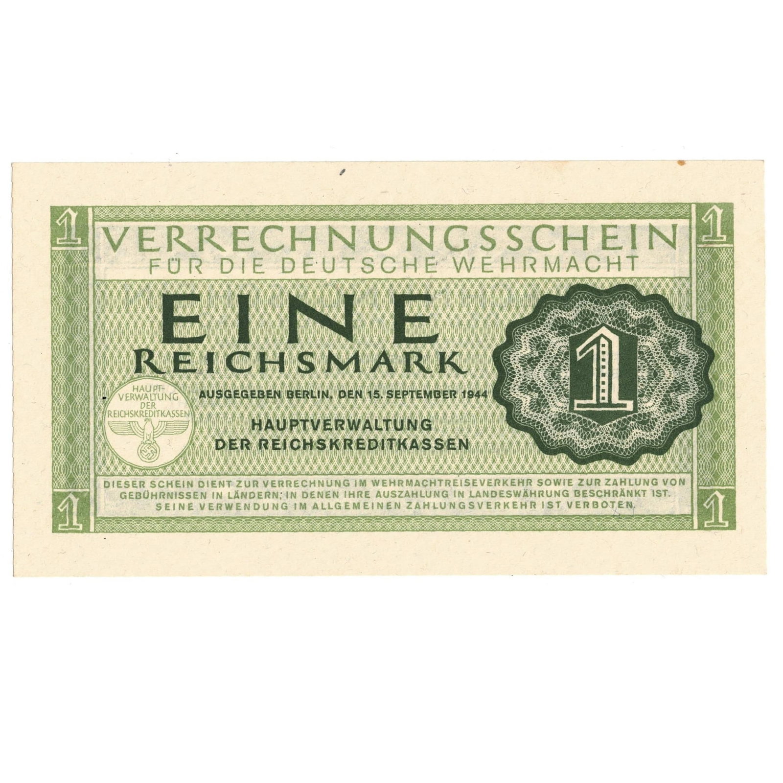 German Wehrmacht 1944 Eine (1) Reichsmark, Uncirculated: Currency used by the German Army (Wehrmacht) in occupied territories Medium Collectibles