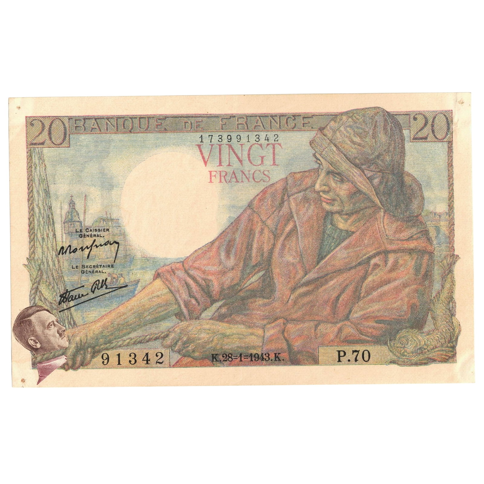 France 1943 20 Franc Montage of Hitler being strangled by a Breton fisherman, Uncirc detail: Pick# 100a. The head of Hitler, which has been excised from a stamp and has been strategically attached Condition Pin holes in corners Medium Collectibles