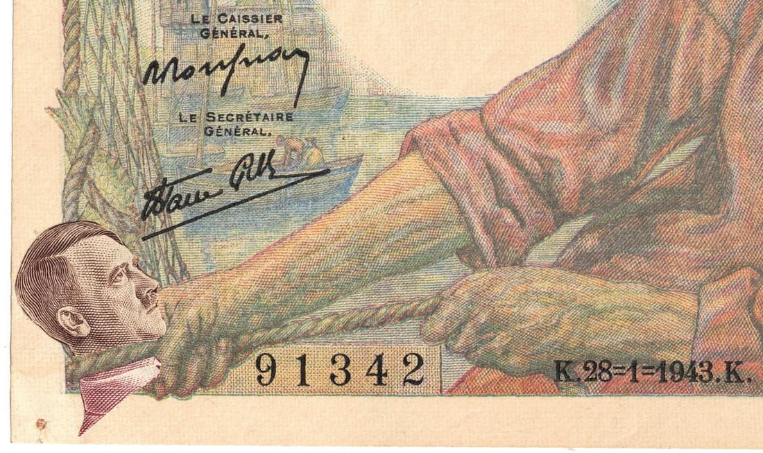 France 1943 20 Franc Montage of Hitler being strangled by a Breton fisherman, Uncirc detail - 2