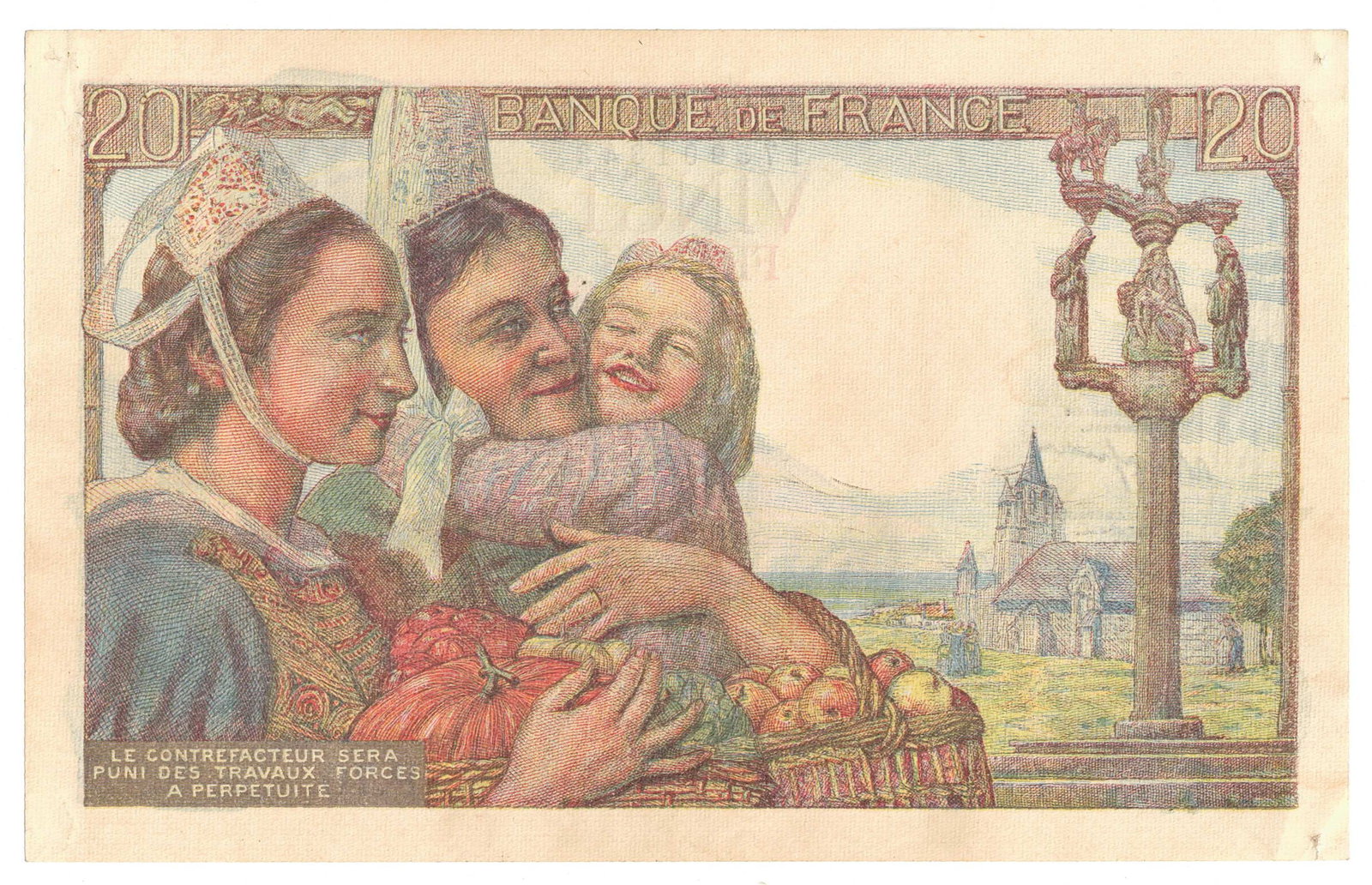 France 1943 20 Franc Montage of Hitler being strangled by a Breton fisherman, Uncirc detail - 3