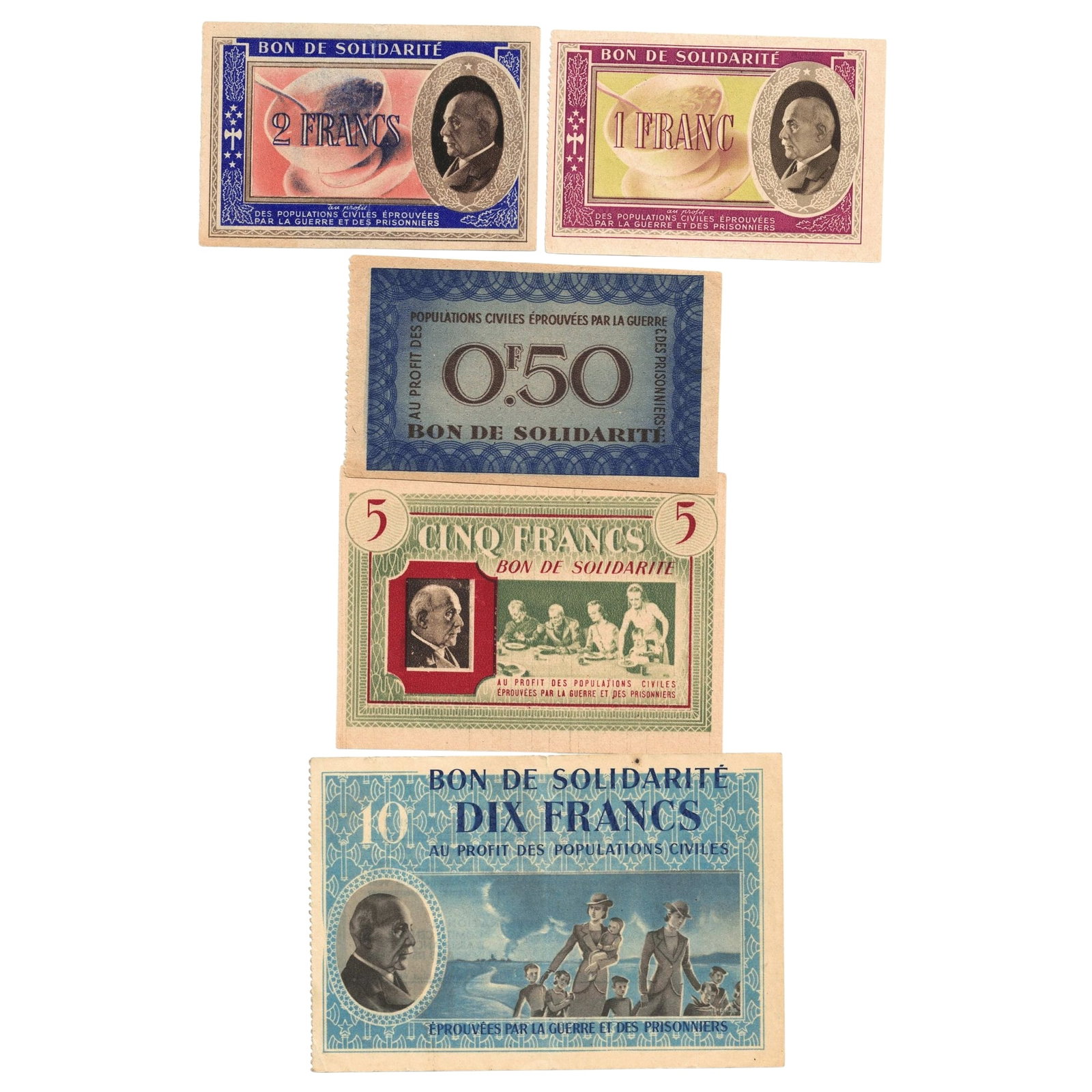 France (Vichy Regime) 1940-45 Solidarity Vouchers 0.50, 1, 2, 5 & 10 Francs, Good VF to Uncirc (5): Head of Marshal Pétain in an oval on the right. They provided charity benefits for civilian populations affected by the war, such as a hot meal from a community kitchen Medium Collectibles