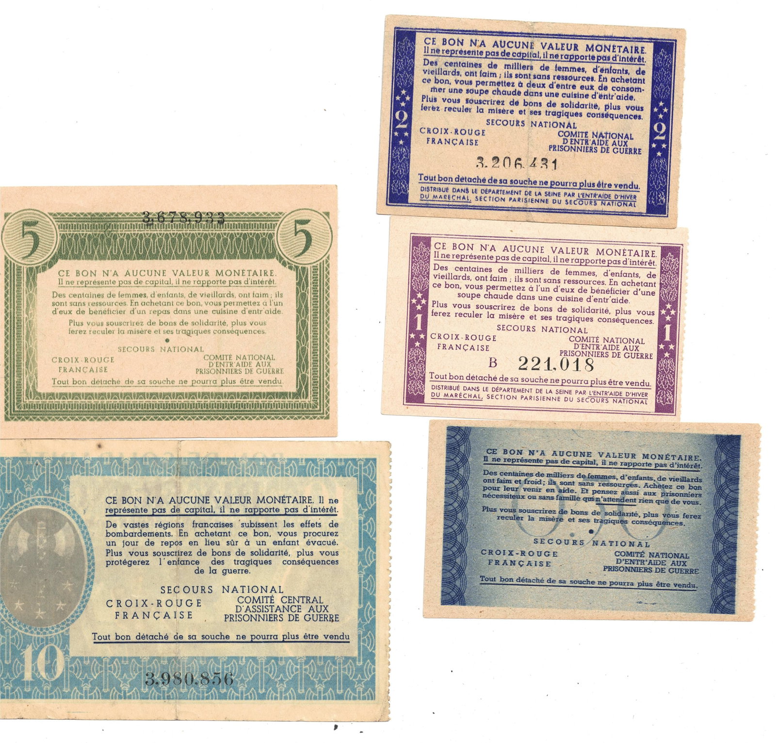 France (Vichy Regime) 1940-45 Solidarity Vouchers 0.50, 1, 2, 5 & 10 Francs, Good VF to Uncirc (5) - 2