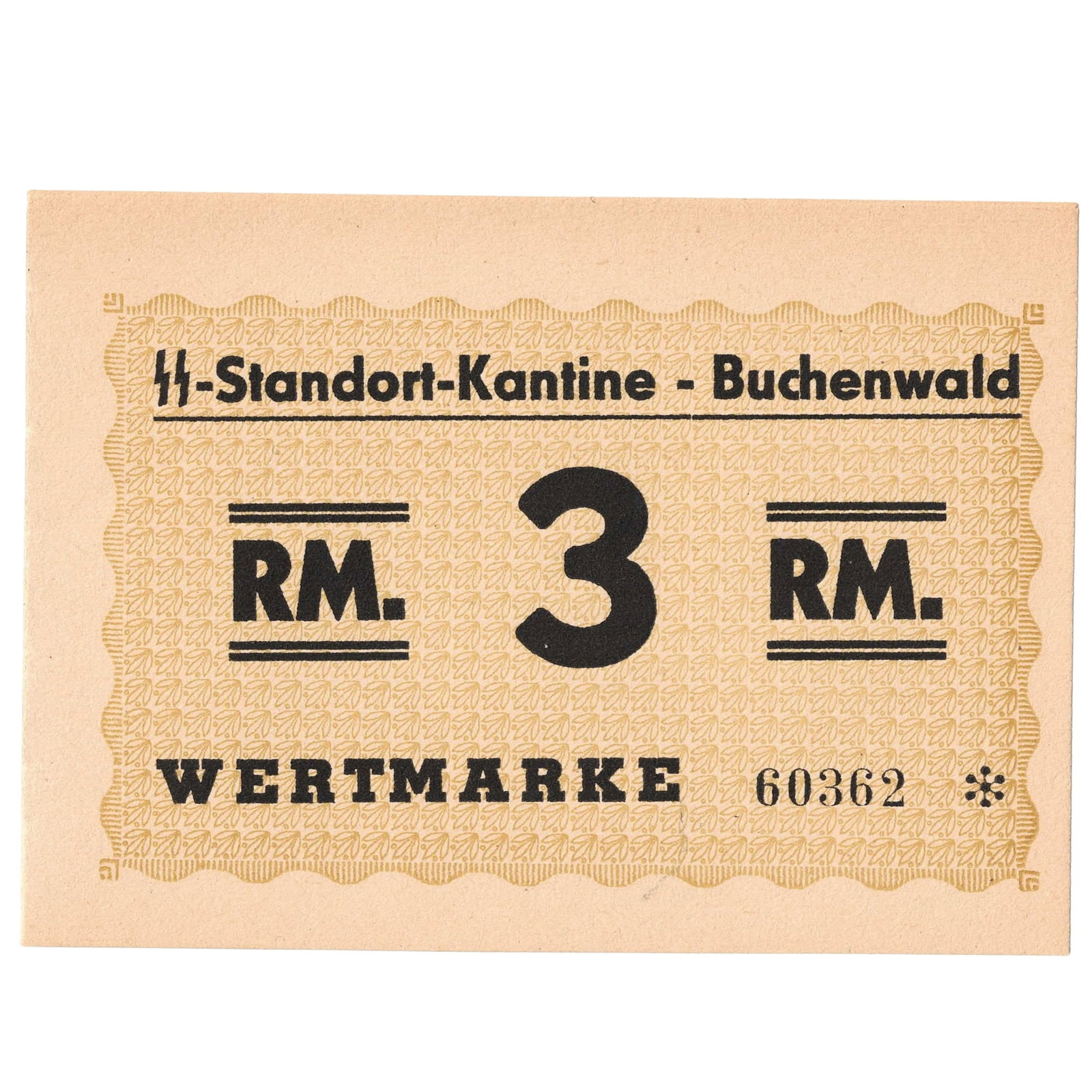 Buchenwald Concentration Camp 3 Reichsmark ND (1939-1944), Uncirculated: Campbell 3954b : Serial# 60362 * : 'M' of 'RM' with slanted legs Medium Collectibles Literature Camp Money used by the SS