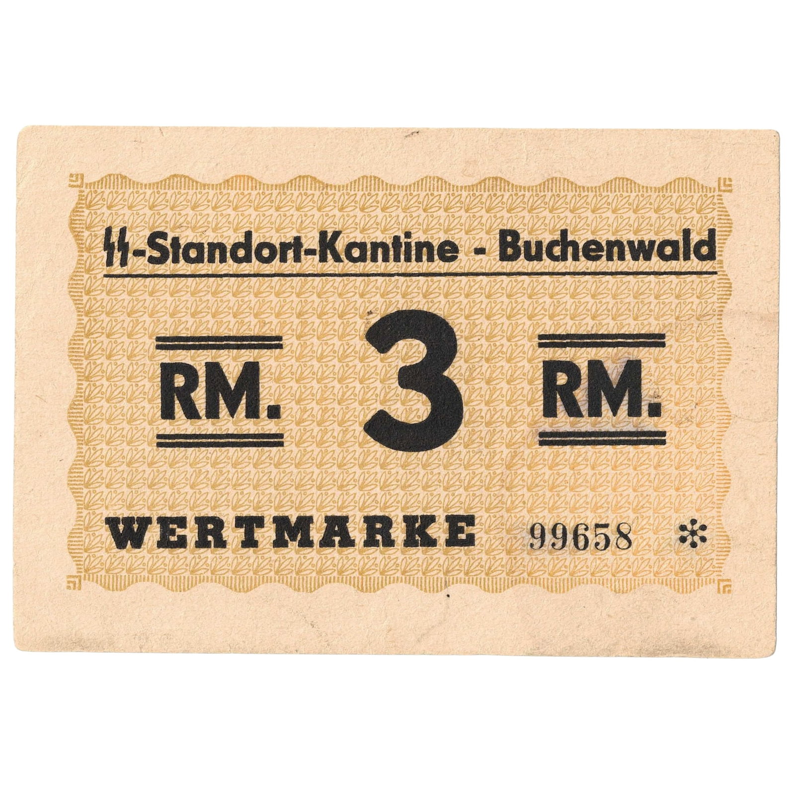Buchenwald Concentration Camp 3 Reichsmark ND (1939-1944), about Uncirculated details: Campbell 3954a : Serial# 99658 * : 'M' of 'RM' with vertical legs Condition Rounded corners & 5mm edge tear right margin Medium Collectibles Literature Camp Money used by the SS