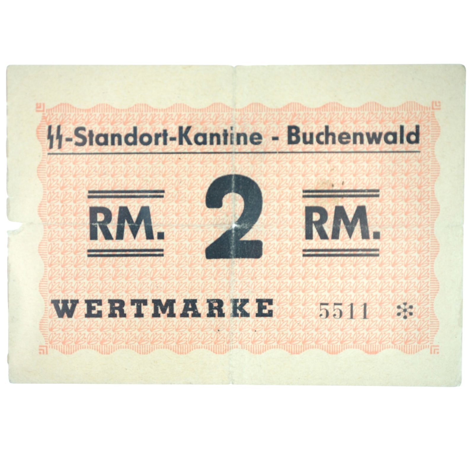 Buchenwald Concentration Camp 2 Reichsmark ND (1939-1944), about Very Fine details: Campbell 3953b : Serial# 5511 * : 'M' of 'RM' with slanted legs Condition 2mm edge tear left margin & small hole at centre Medium Collectibles Literature Camp Money used by the SS
