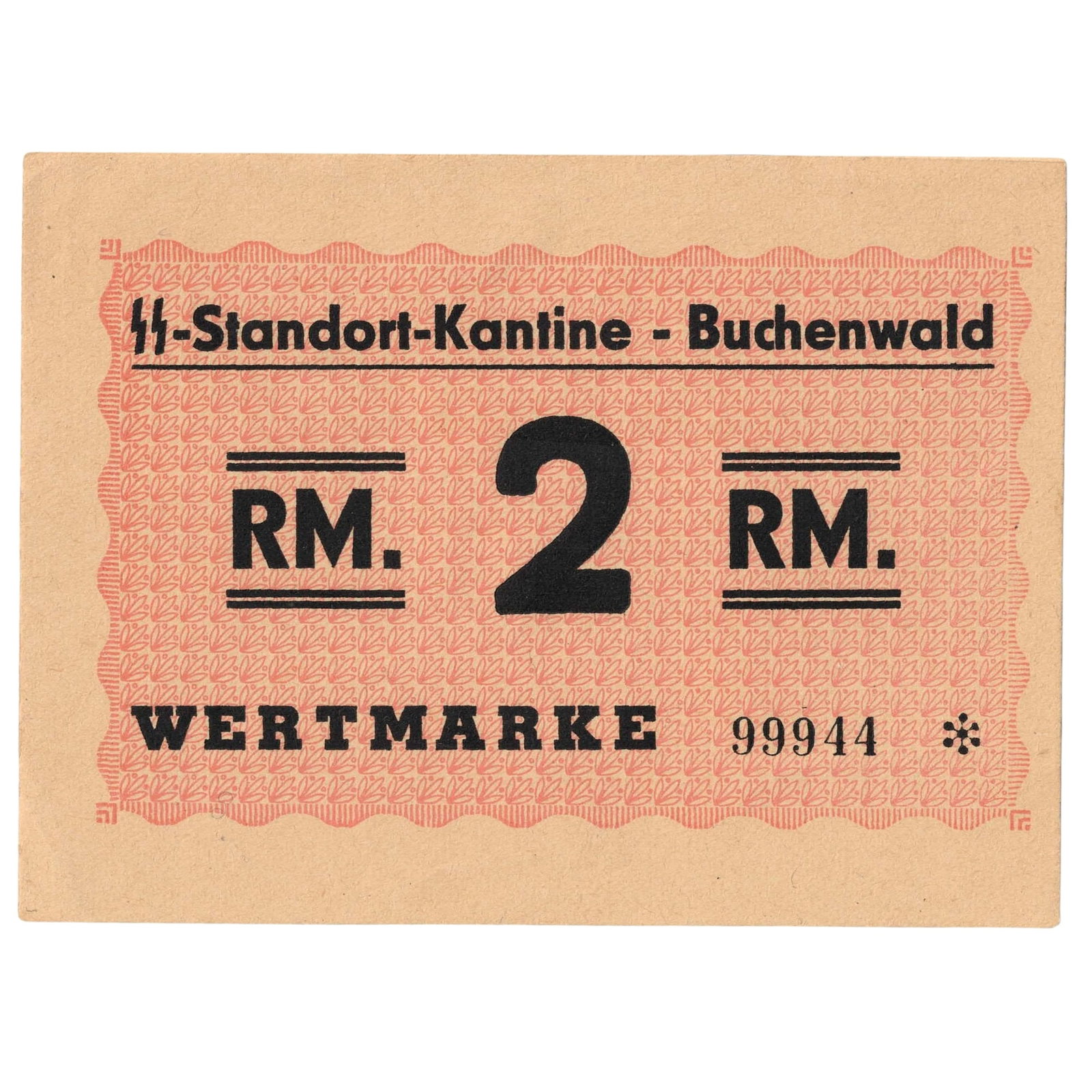Buchenwald Concentration Camp 2 Reichsmark ND (1939-1944), virtually Uncirculated: Campbell 3953a : Serial# 99944 * : 'M' of 'RM' with vertical legs Medium Collectibles Literature Camp Money used by the SS